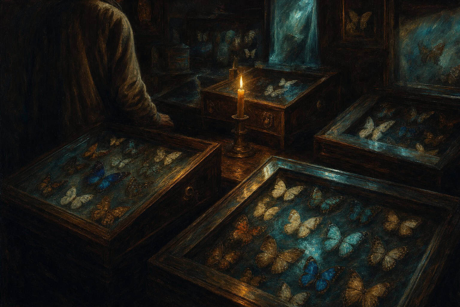 museum of preserved butterflies under glass, each case reflecting different colors of dying light — Confessions to the Empty Chair by Anthony Adore
