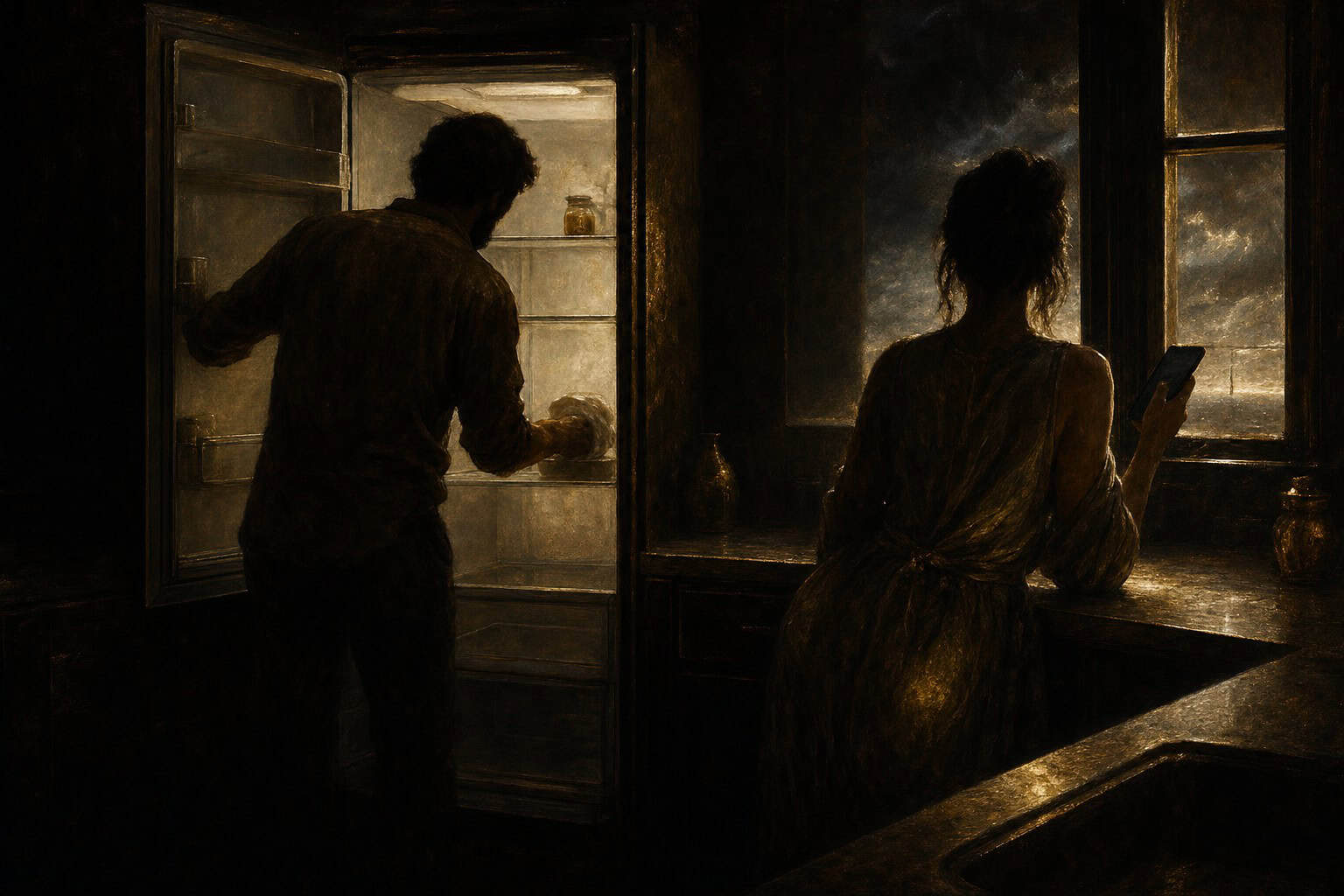 A woman in a red shawl stands by a window holding a scroll, while a man in a striped robe searches a cabinet.