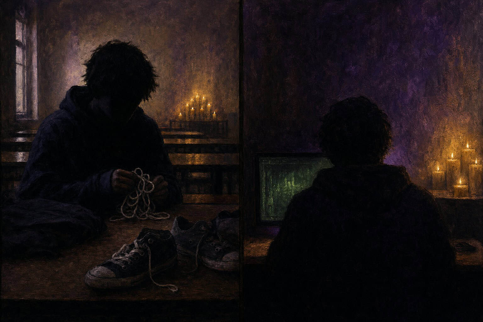 A young man sits at a wooden table, writing on a scroll, illuminated by a flickering candlelight, in a dimly lit room.