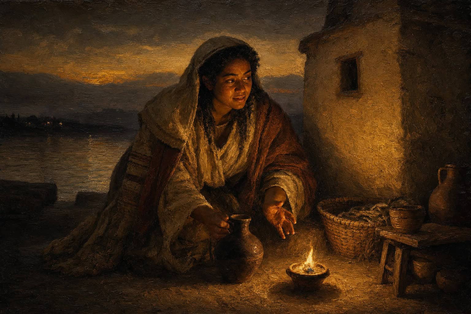 A small house of sand near dark water at dusk, a single low flame burning close beside a kneeling figure