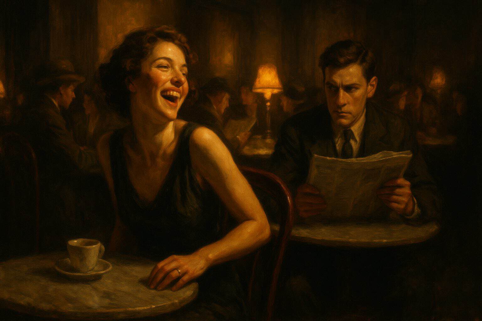 In a dim golden café a laughing young woman is watched sidelong by a tense young man feigning to read