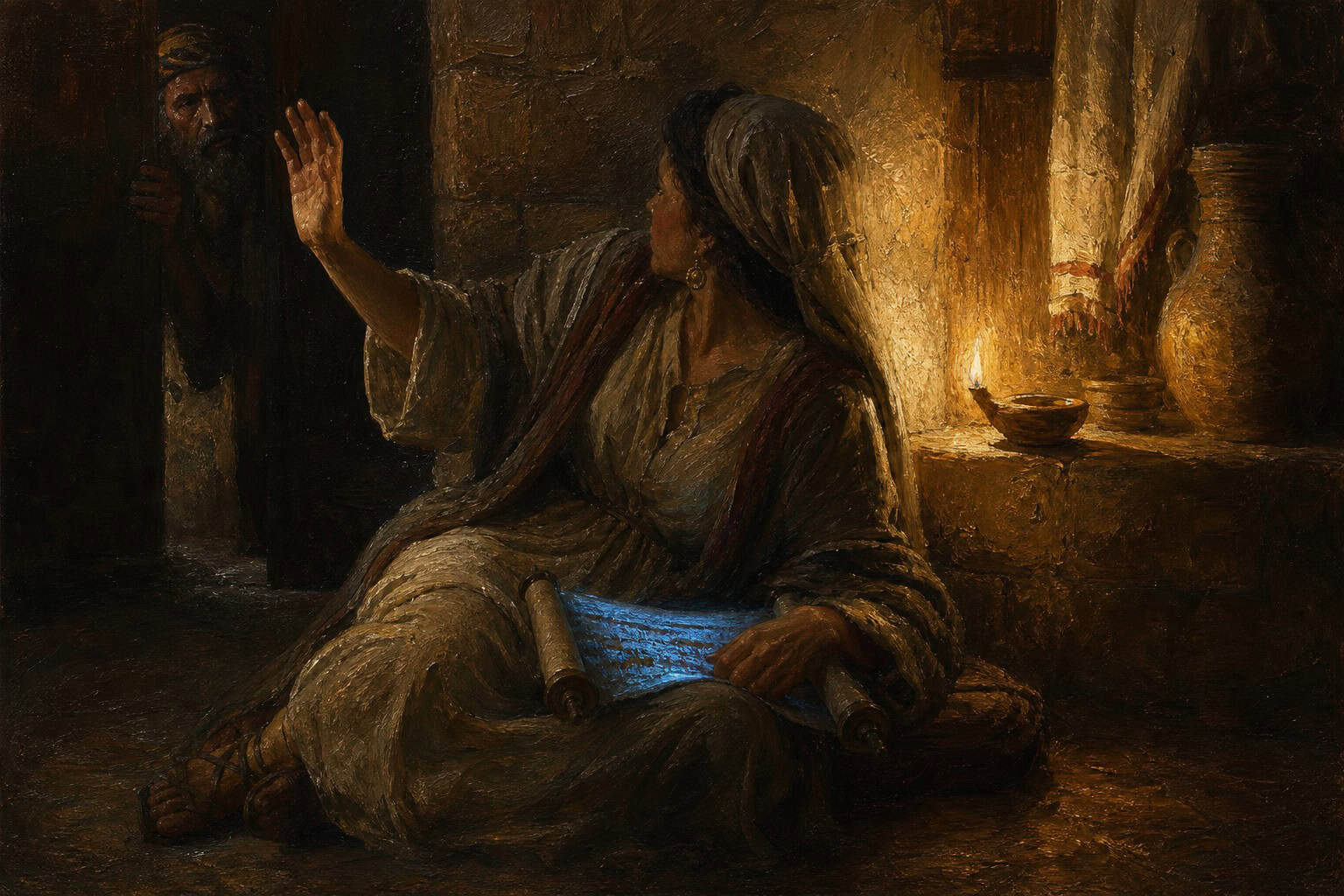A woman seated on a dim bathroom floor, a scroll glowing faint blue in her lap, her face turned away