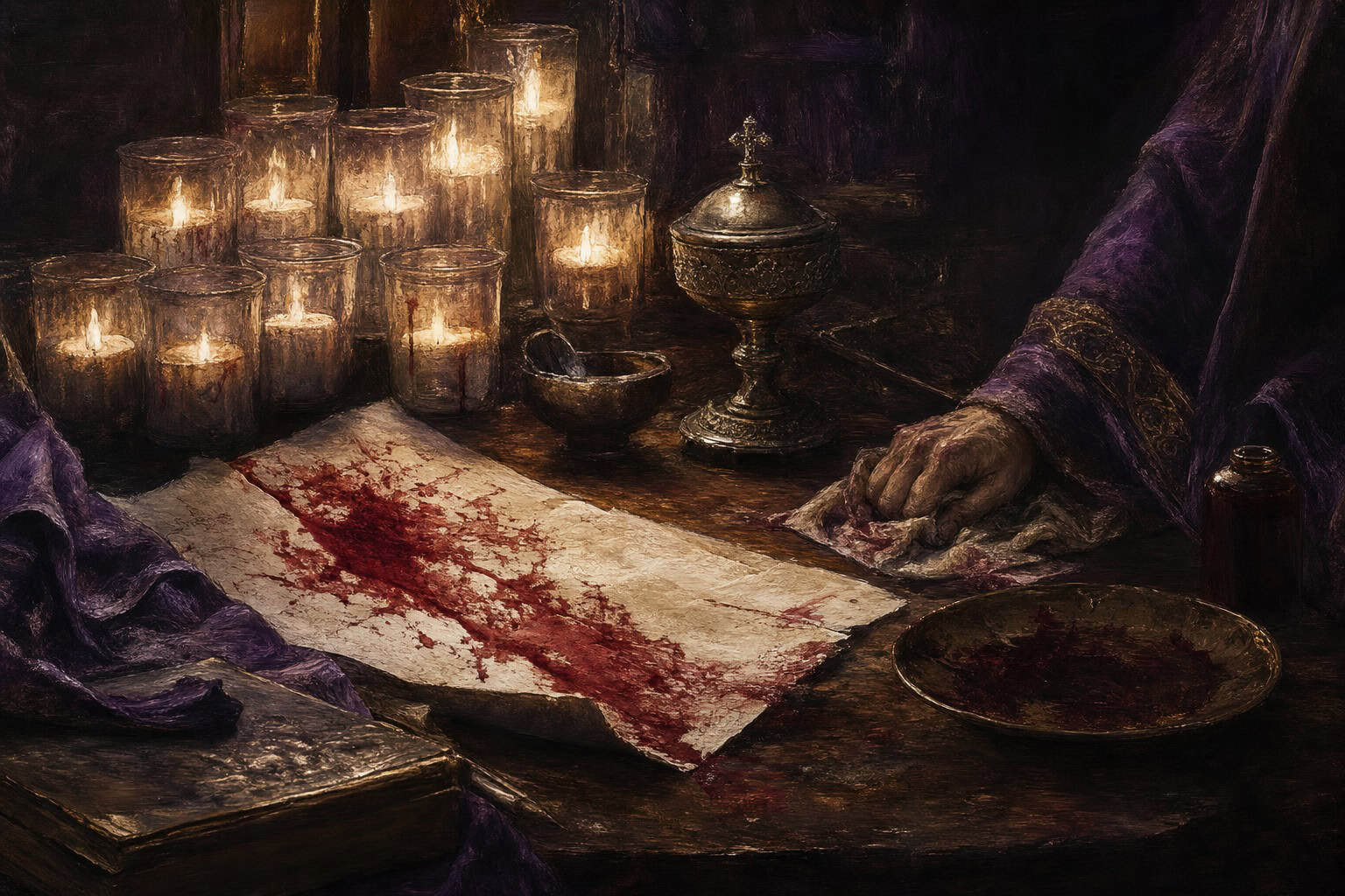 A bearded man in a striped robe studies a scroll at a table, illuminated by a small flame from an oil lamp.
