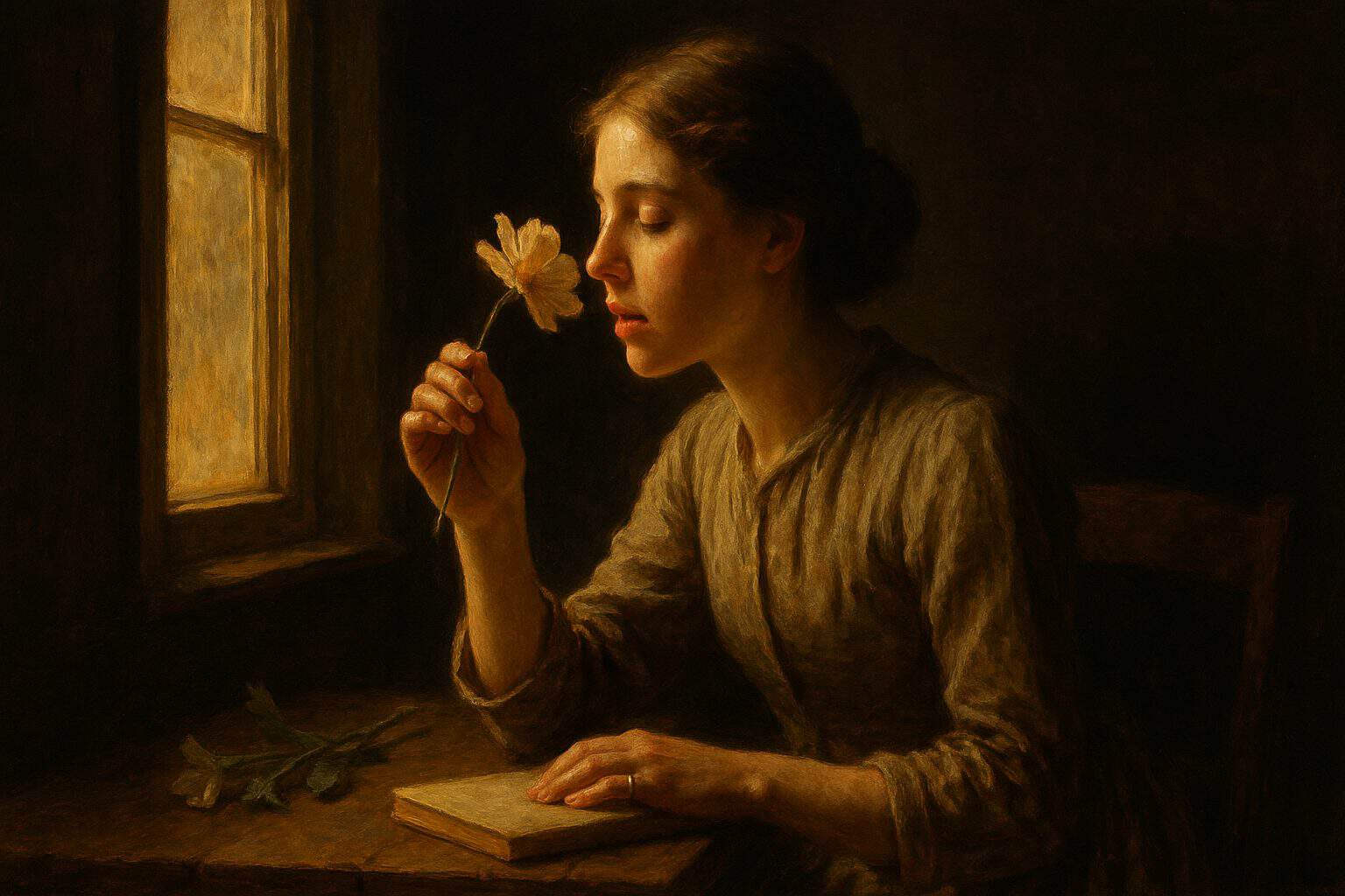 A young woman in linen studying a flower by window light with patient, absorbed wonder