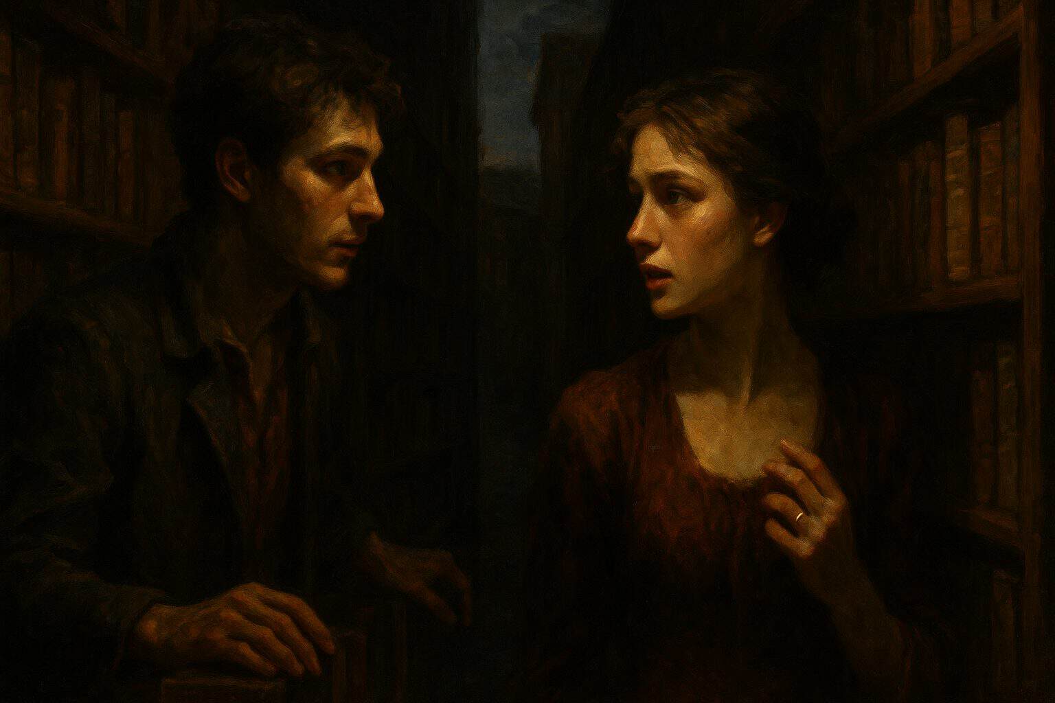 A young man and woman meeting across a dim bookstore aisle, drawn together yet tense with hesitation