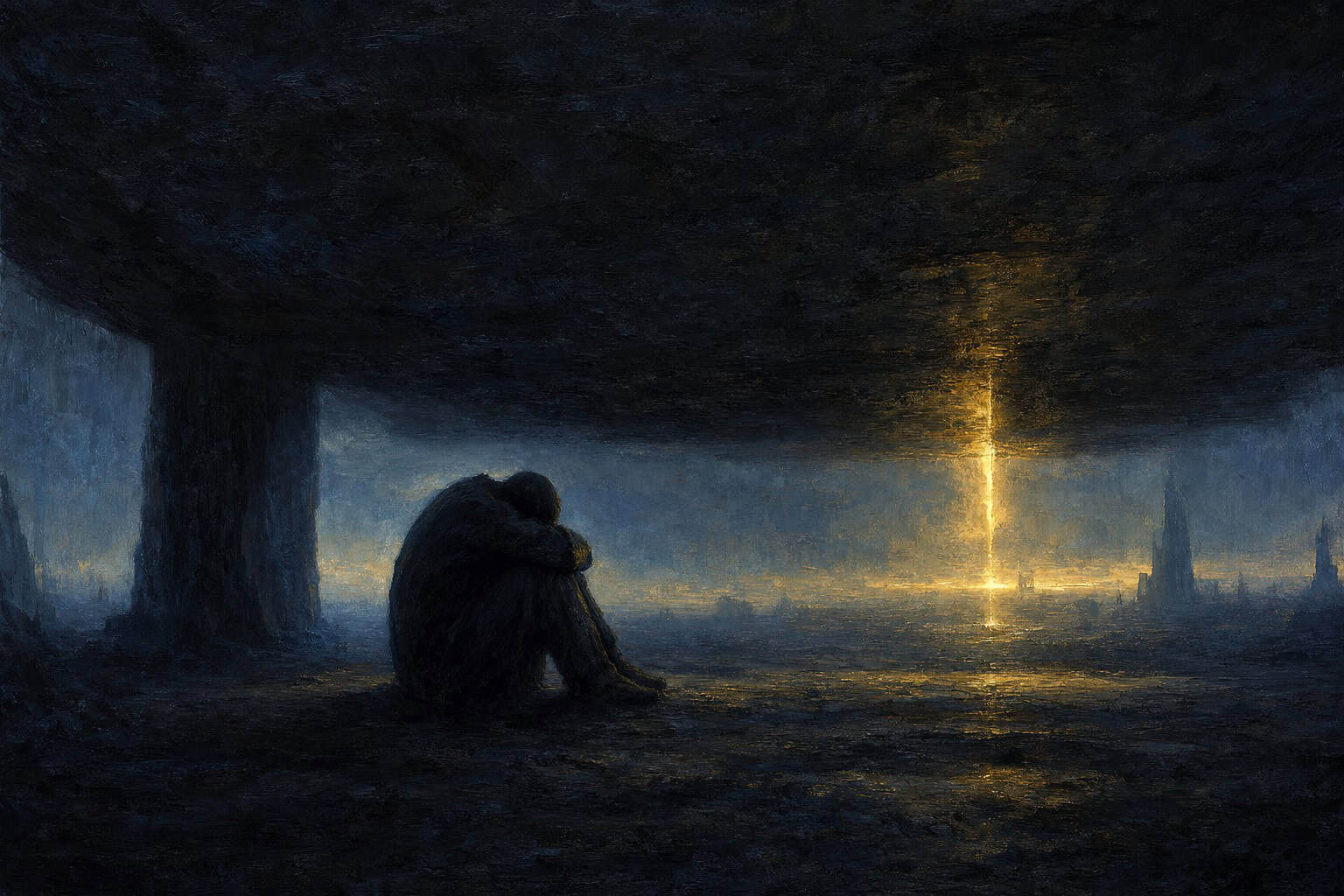 A young man sits cross-legged in a cave, gazing thoughtfully towards a distant light, with scrolls and a pot nearby.