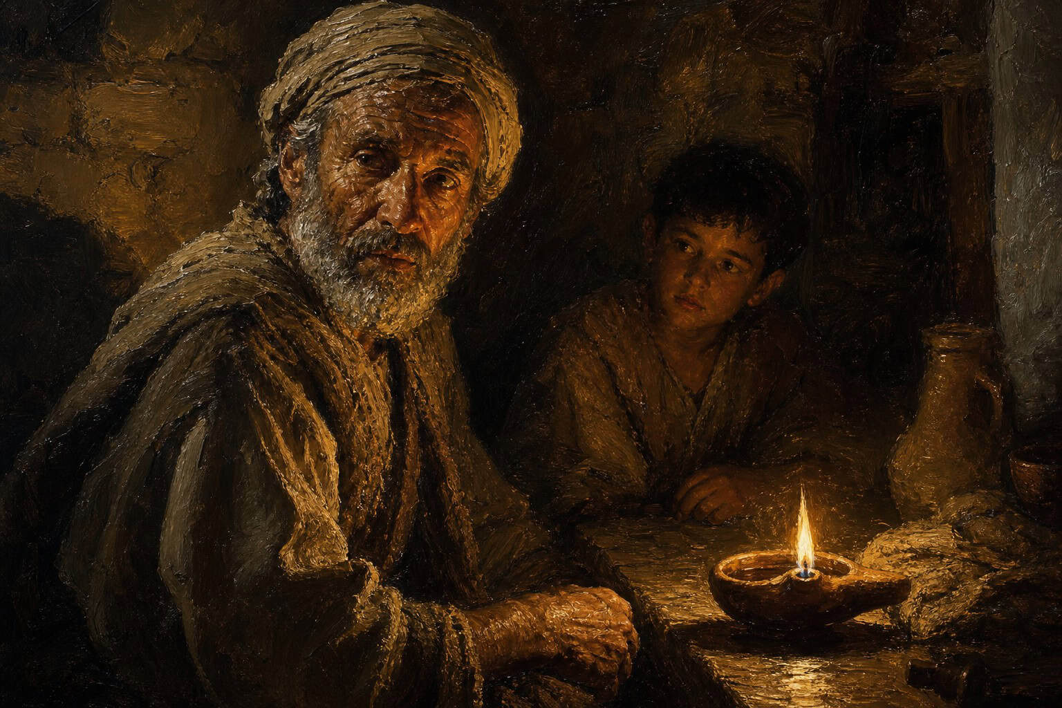 A dim room lit only by a glowing a clay oil lamp at night, a boy's face half in shadow