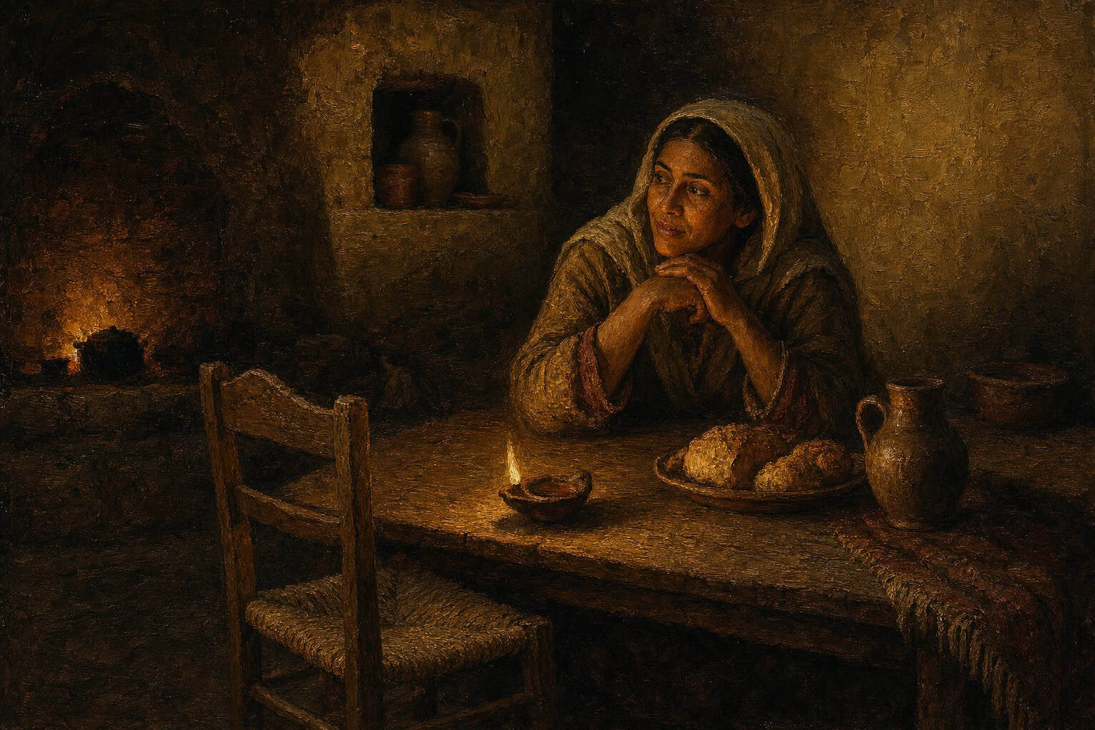 A plain kitchen table with bread and one empty chair, warm lamplight bleeding into surrounding dark.