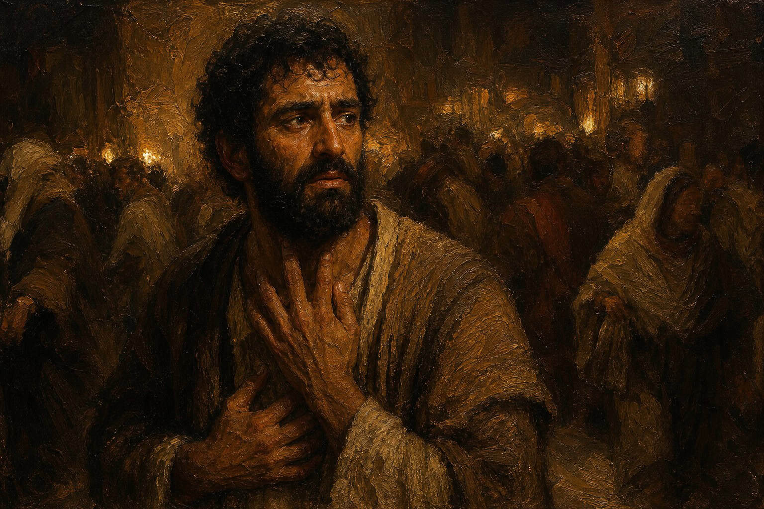 A lone figure dissolving into a blurred nighttime city crowd, face indistinct, warm and dim lights smearing around him