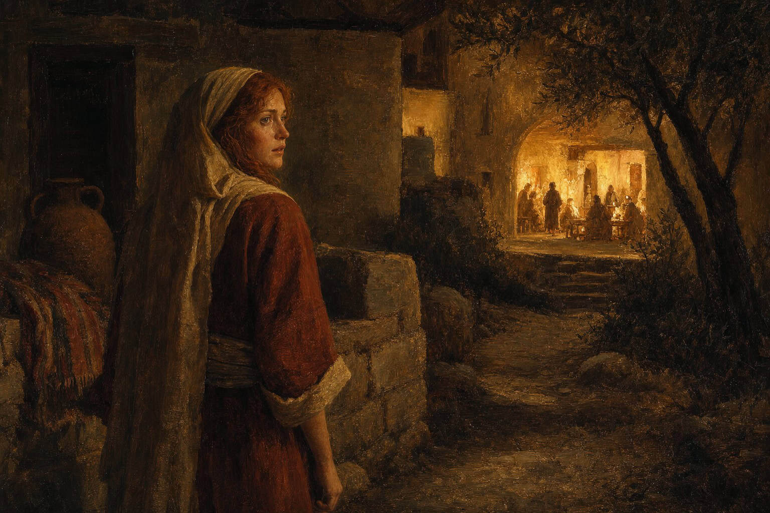 A young man alone in dim light, seen from behind, staring toward a distant warm-lit hall he cannot enter