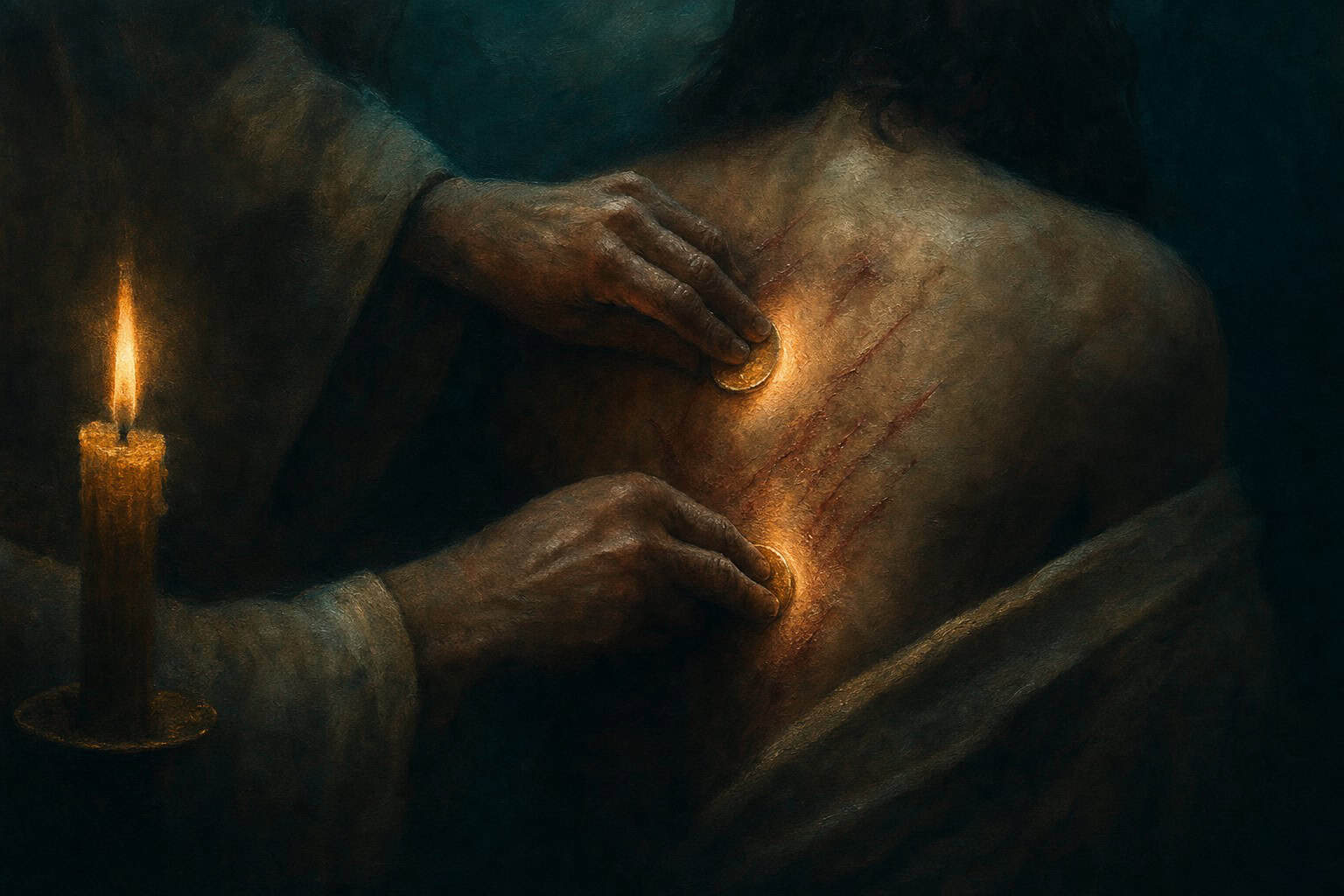A man applies ointment to another man's back, revealing wounds, in a dimly lit room with pottery and scrolls nearby.