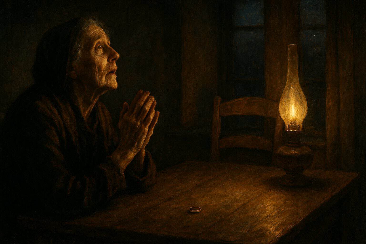 An elderly woman praying toward an empty chair in lamplight, her face full of aching, listening hope