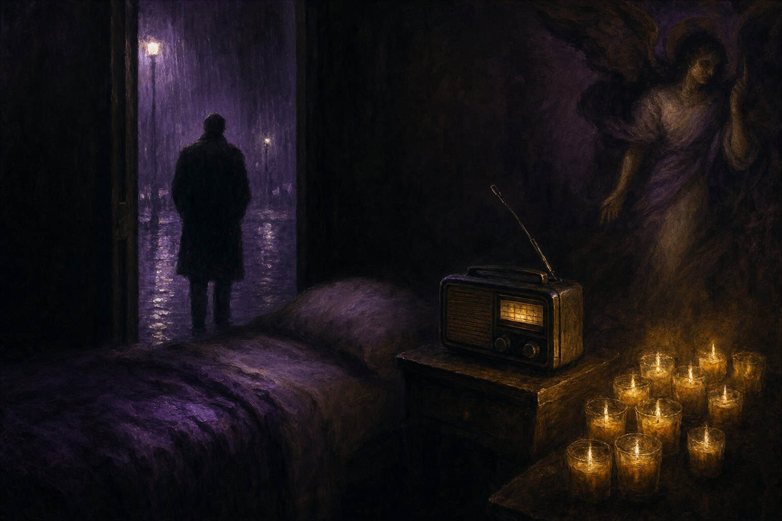 a small bedside radio with a bent antenna glowing softly in a dark room while a figure waits outside in the — Fractions of the Soul by Anthony Adore