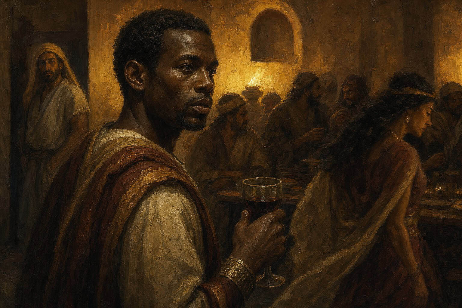 A crowded dim room at night, a man standing still with a wine glass while a woman dissolves into the blurred crowd