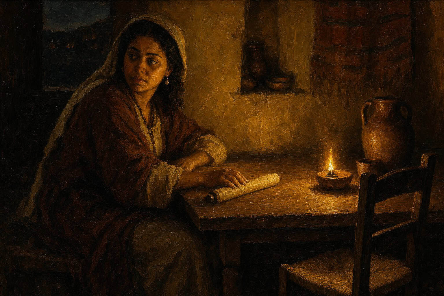 A dim room at night, one empty chair pulled to a table across from a single seated figure