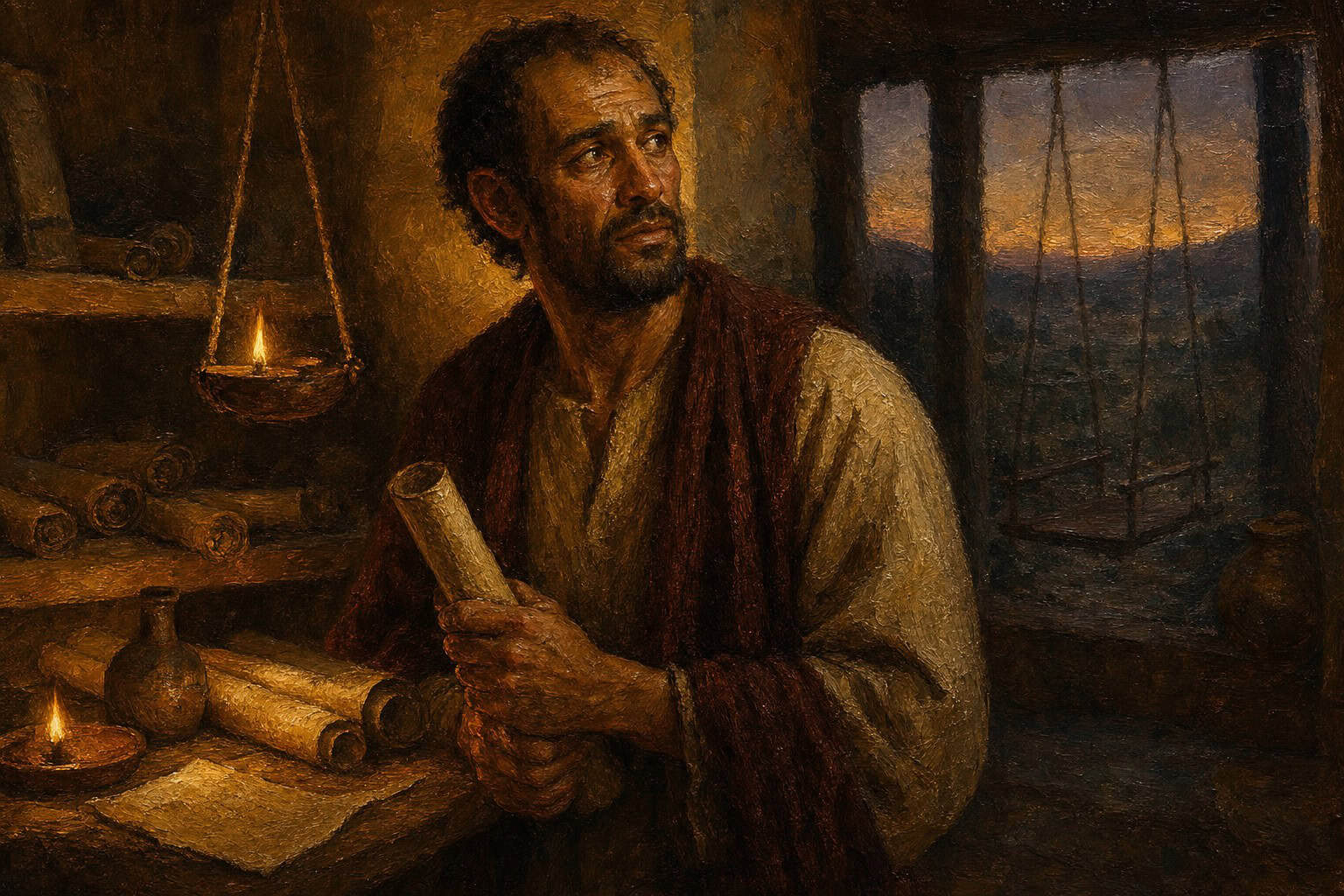 A young man standing in a lamplit reading room full of old scroll, half-turned toward a distant window