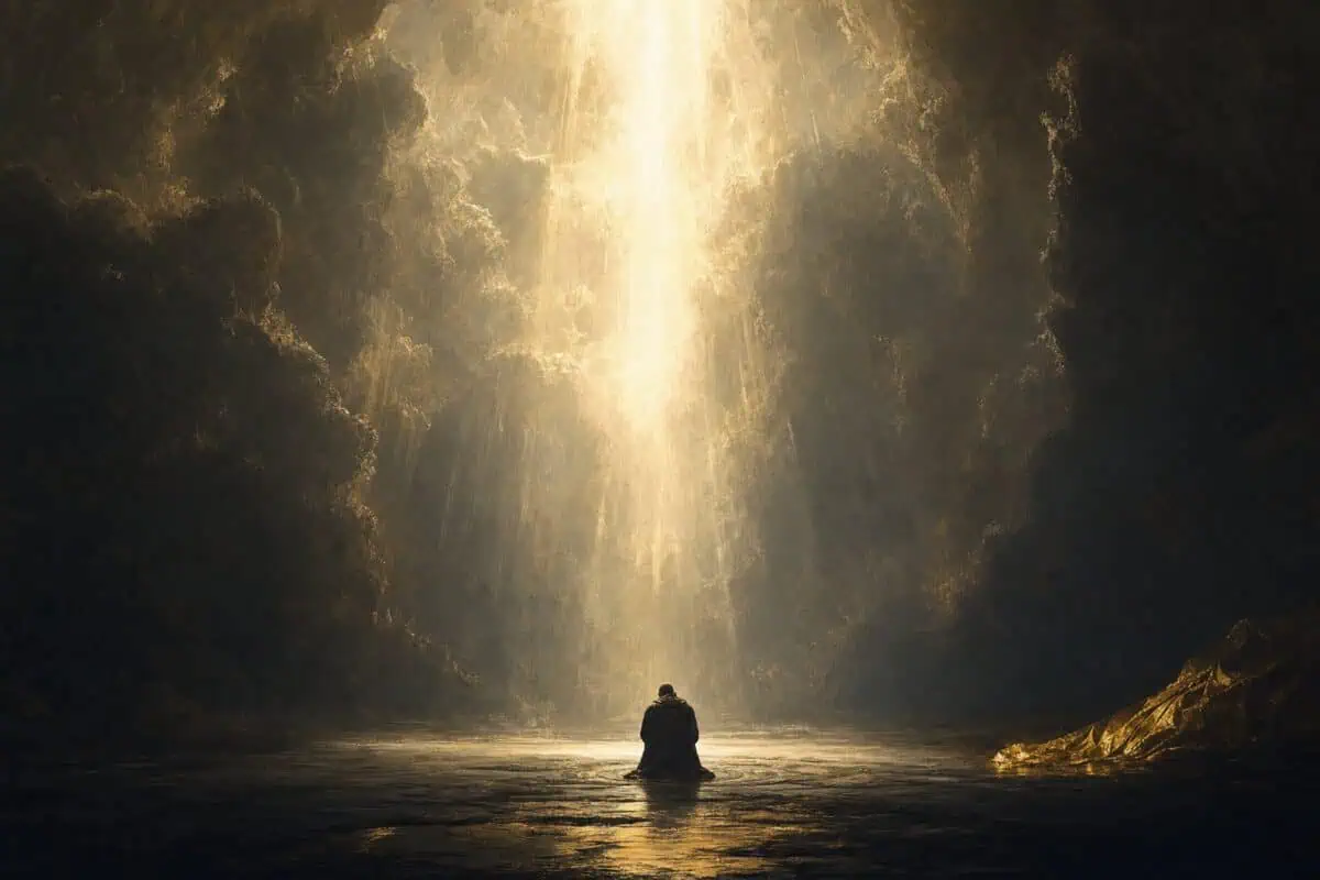 Awe: a solitary figure sits beneath a towering opening of golden light in dark clouds.