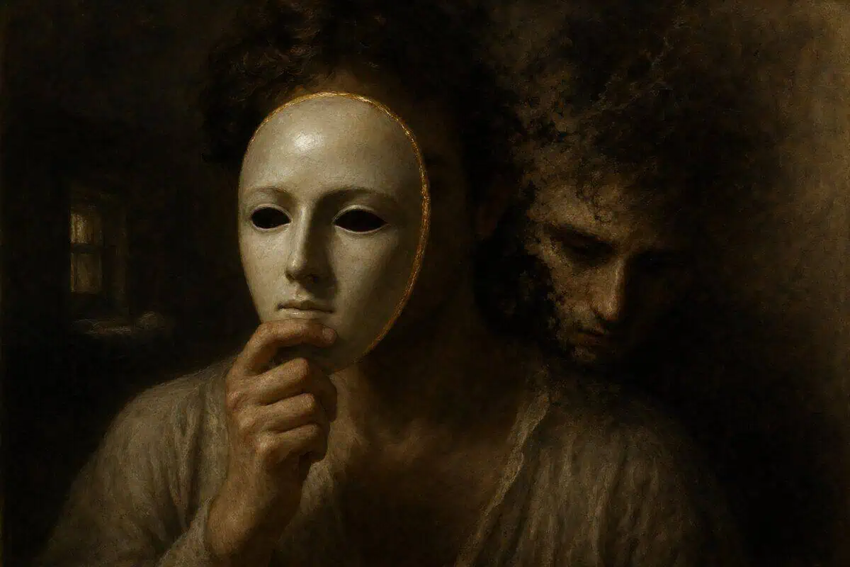 Concealment: a shadowed man holds a pale mask beside his lowered face.
