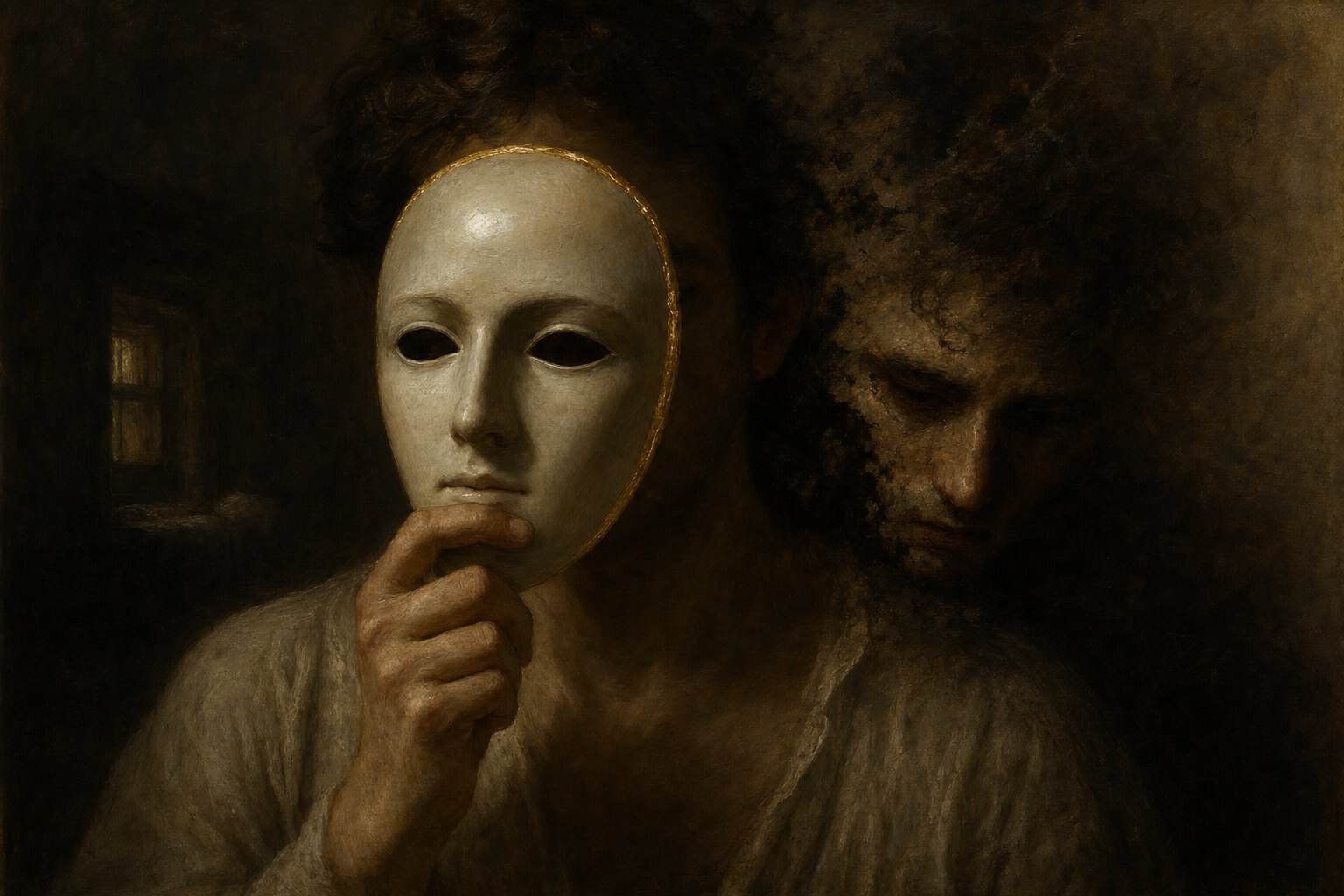 Painterly oil portrait: a figure holds a pale gold-rimmed mask over their face while their true sorrowful self dissolves into shadow behind — the attunement of Concealment on Anthony Adoré