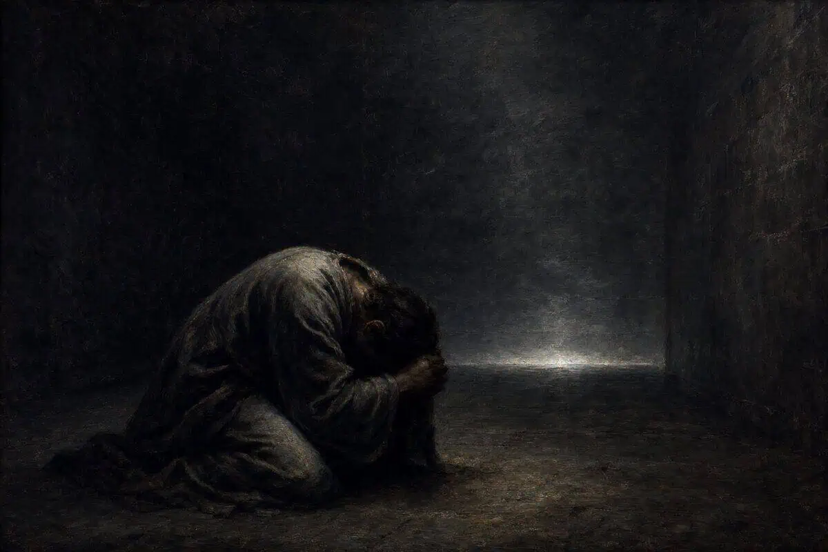 Despair: a figure curls forward on a dark floor with their face buried in their arms.