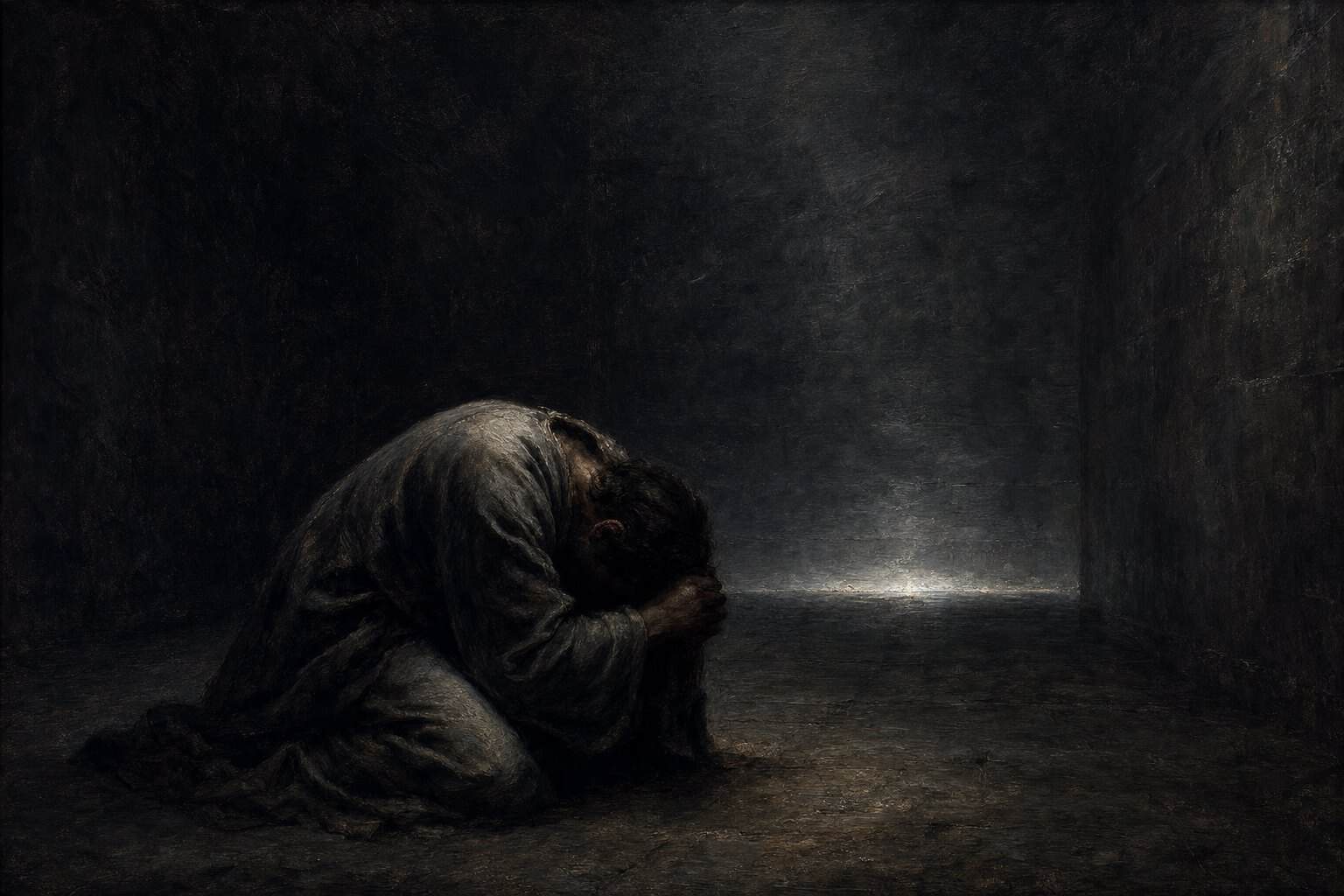Painterly oil painting: a figure collapsed on the floor of a near-lightless room, a single distant sliver of cold light unreached — the attunement of Despair on Anthony Adoré