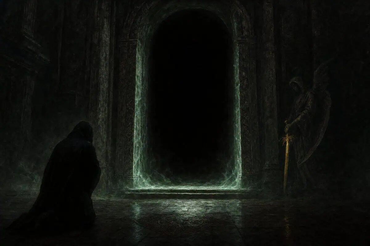 Dread: a cloaked figure kneels before a black doorway edged with pale light.