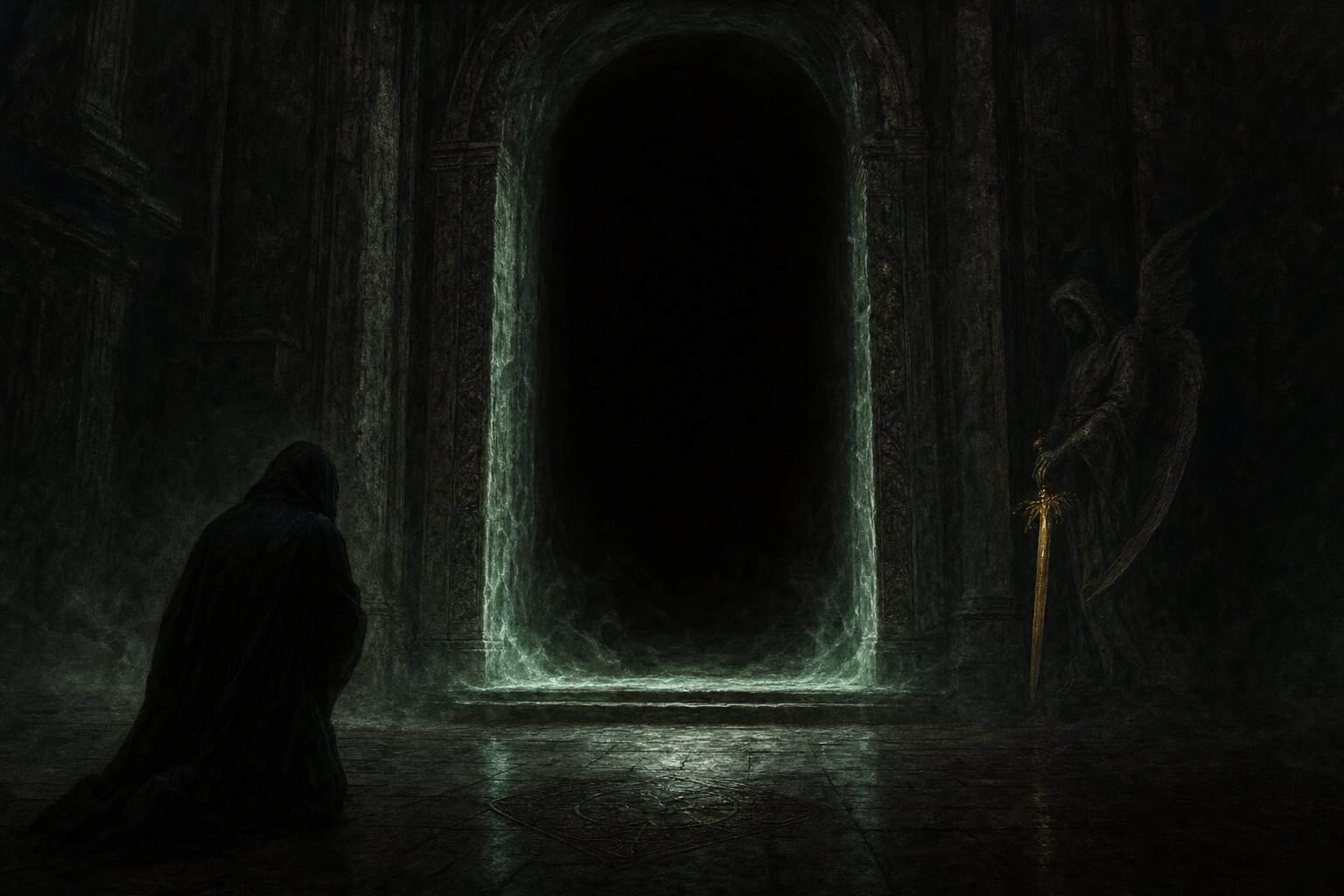 Painterly image of a black doorway with a faint green shimmer at the end of a dark corridor — the theme of Dread