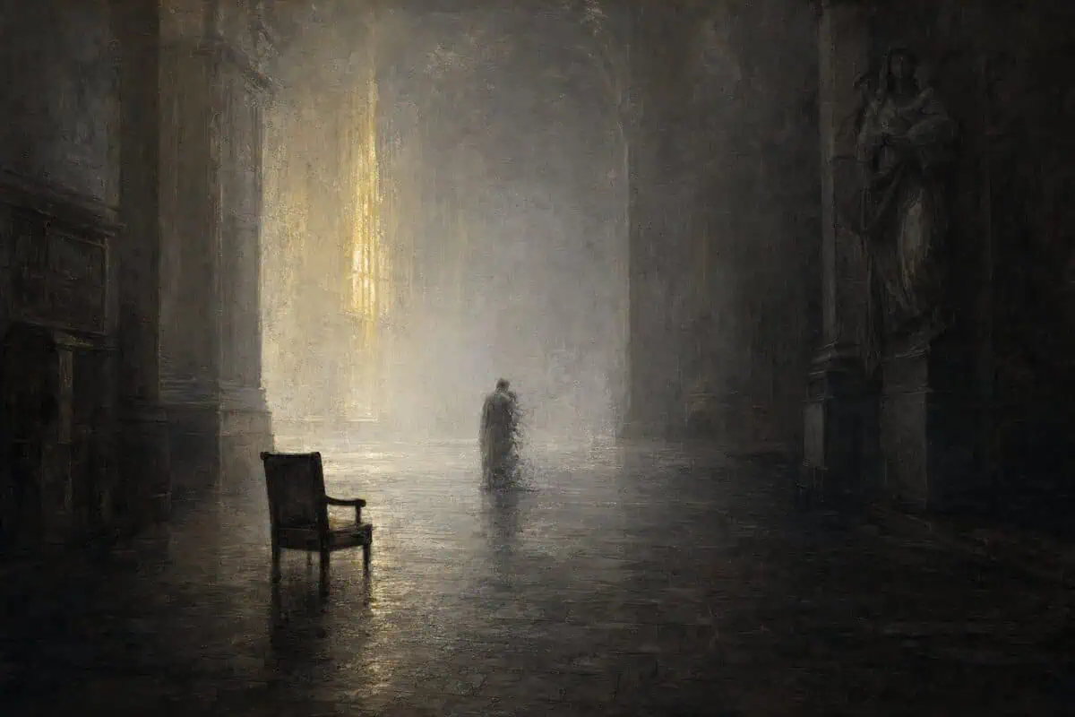 Erasure: an empty chair and a distant fading figure in a mist-filled hall.