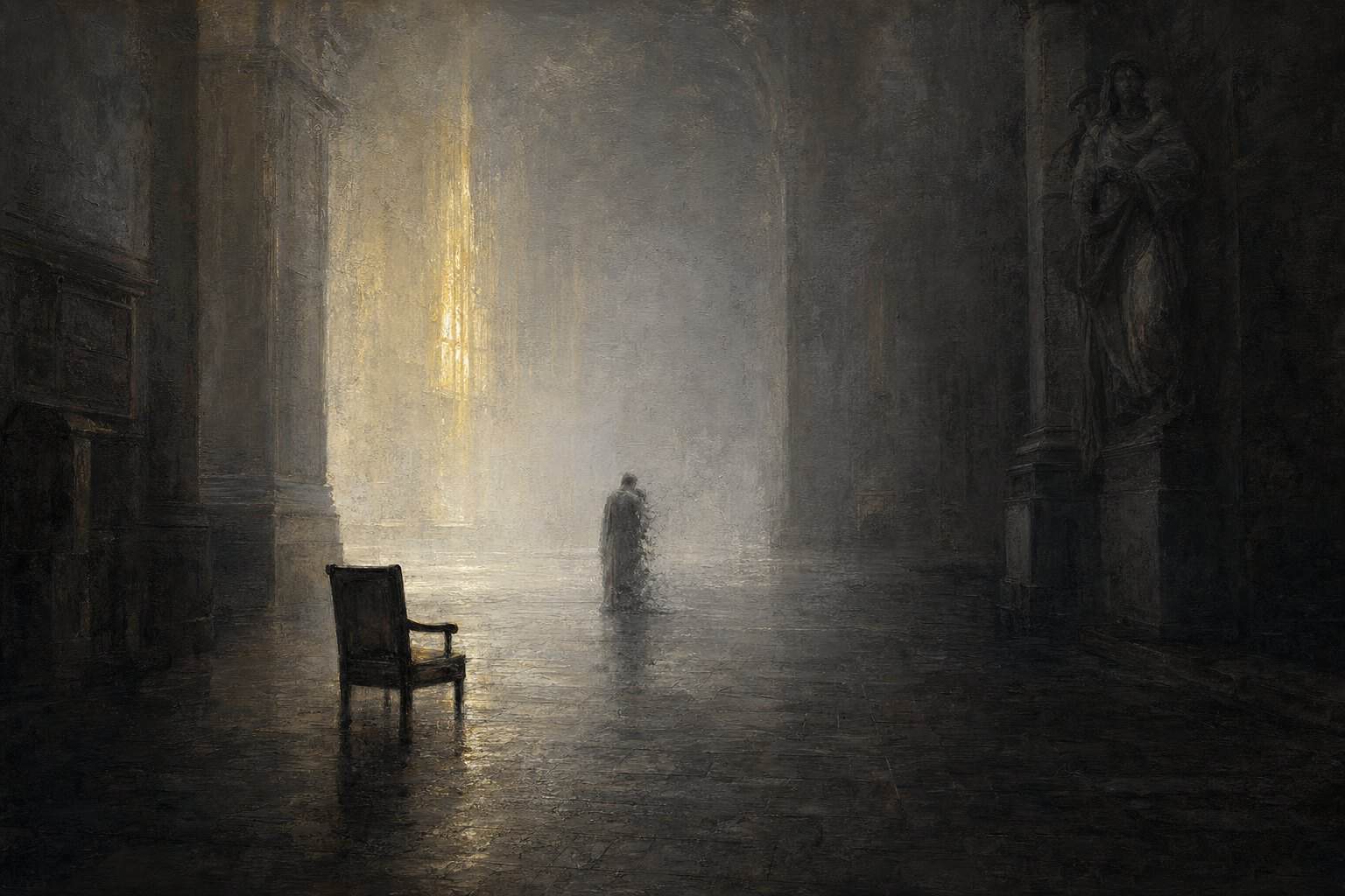 Erasure — a solitary figure dissolving into mist in a vast dim hall · an attunement door by Anthony Adoré