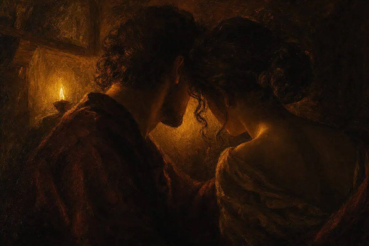 Eros: two figures lean close together in the warm glow of candlelight.