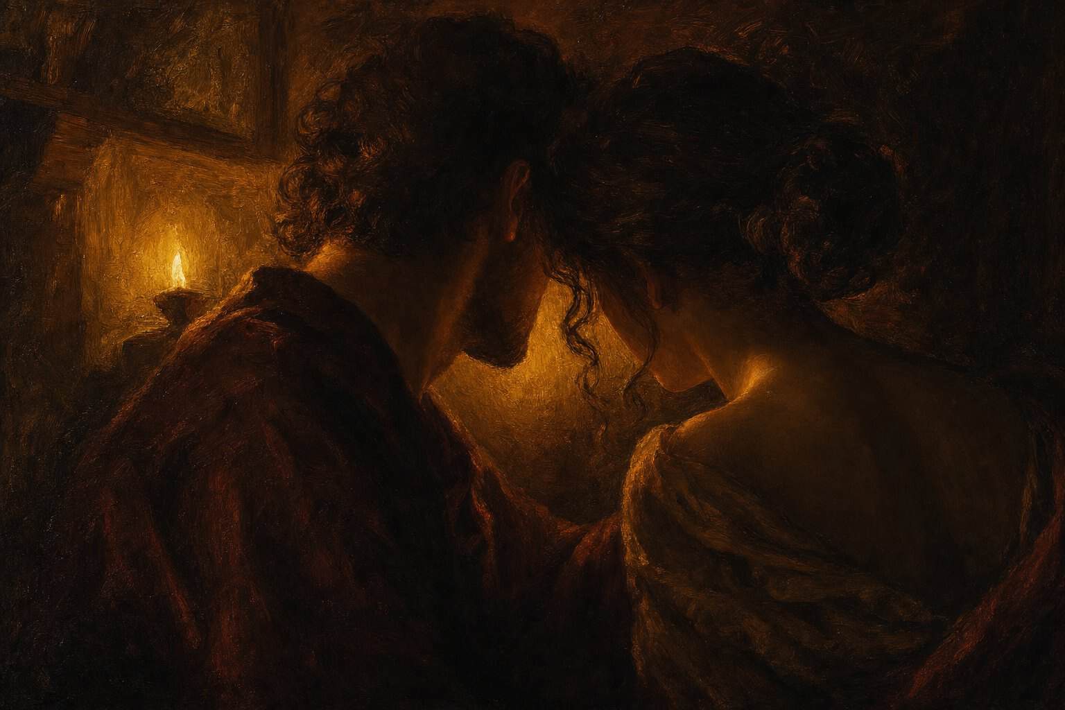 Eros — desire and embodiment; two figures leaning close in warm candlelight · an attunement door by Anthony Adoré