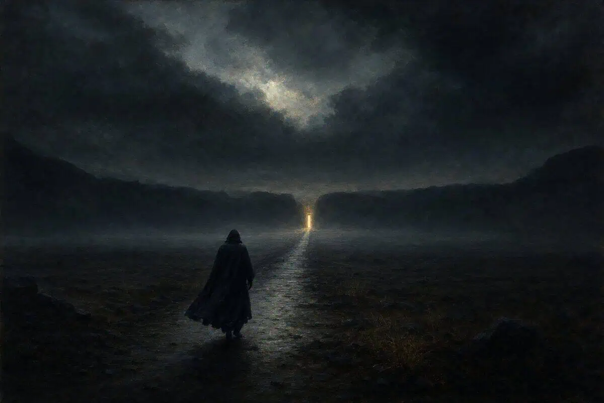 Exile: a cloaked traveler follows a wet path toward a distant light beneath storm clouds.