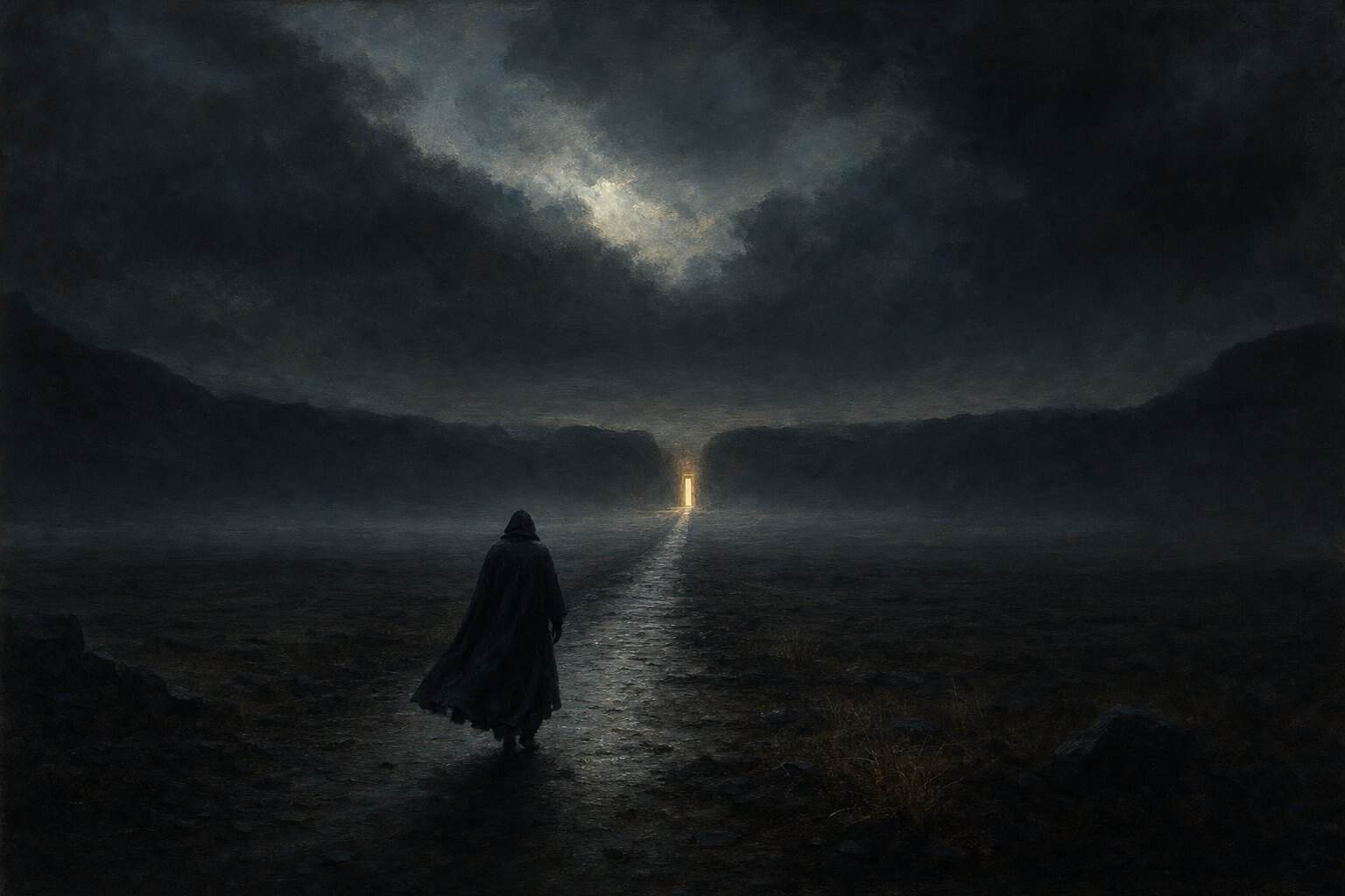 Painterly image of a lone figure walking a dark plain toward a distant door of light — the theme of Exile