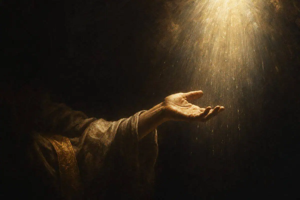 Grace: an open hand receives a shaft of warm light in the darkness.