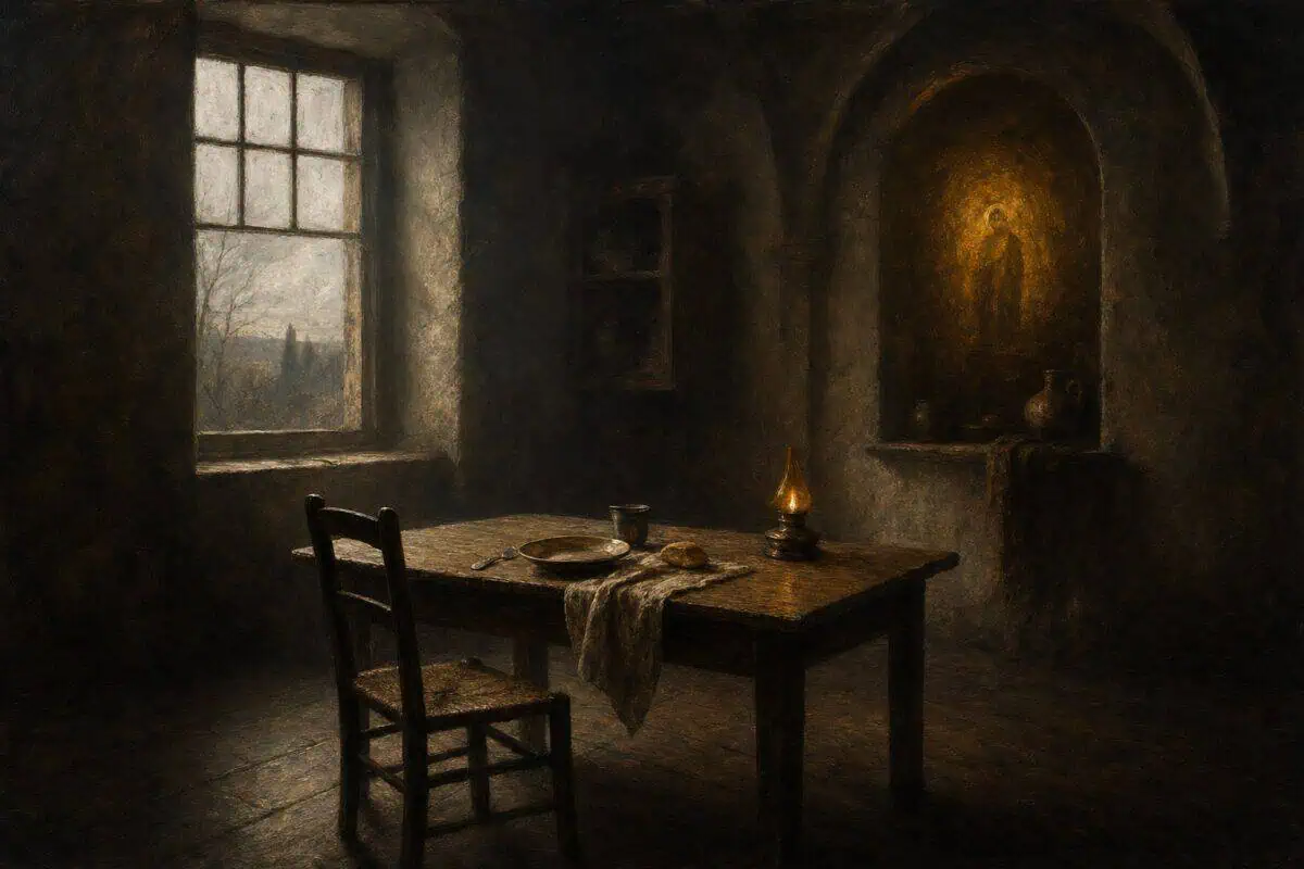 Grief: an empty chair beside a table, folded cloth, and small candle in a dim room.