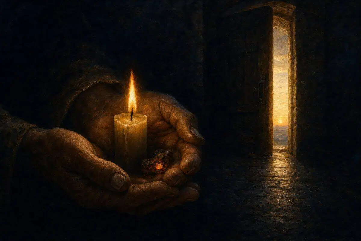 Hope: hands cradle a lit candle beside a doorway opening onto golden light.
