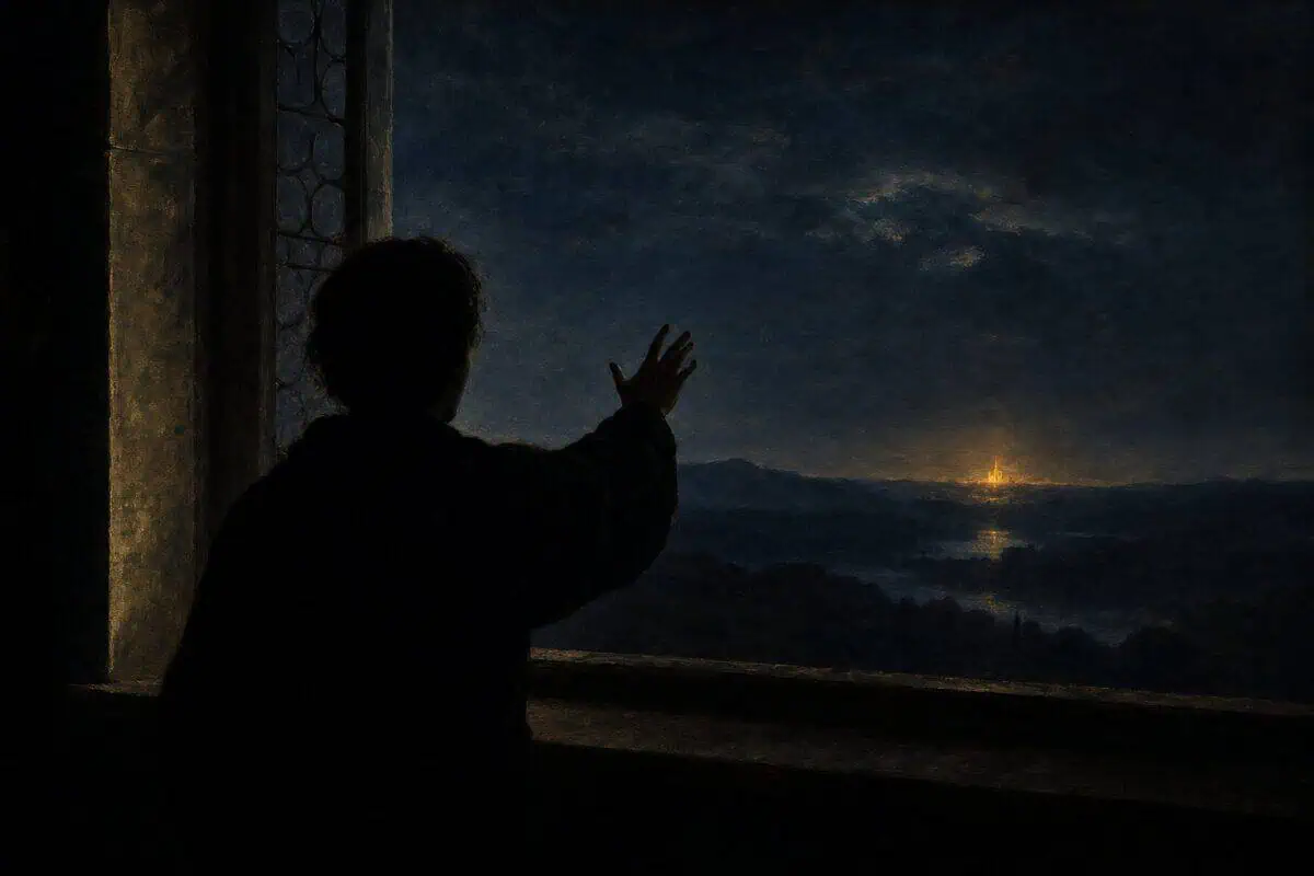 Longing: a silhouetted figure reaches through an open window toward a distant light.