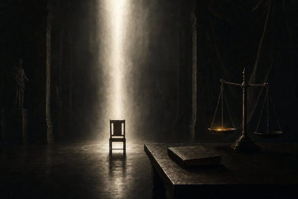 Reckoning: an empty chair stands in a shaft of light beside a book and balance scales.