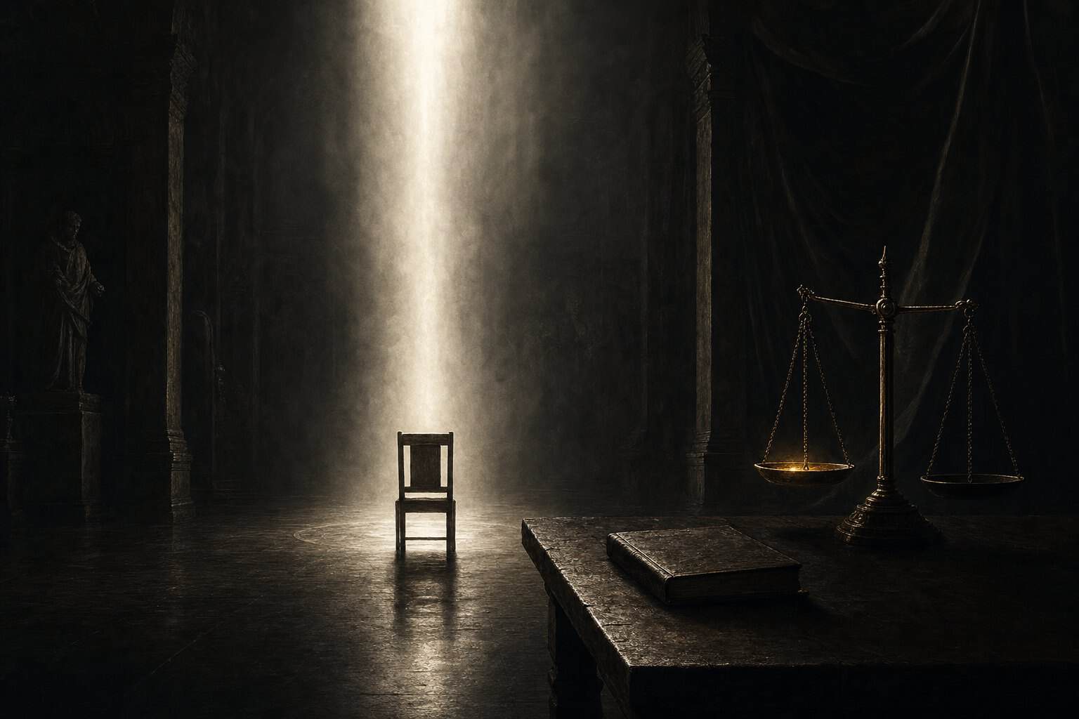 Painterly image of an empty chair, ledger and balance scale in a dark hall — the theme of Reckoning