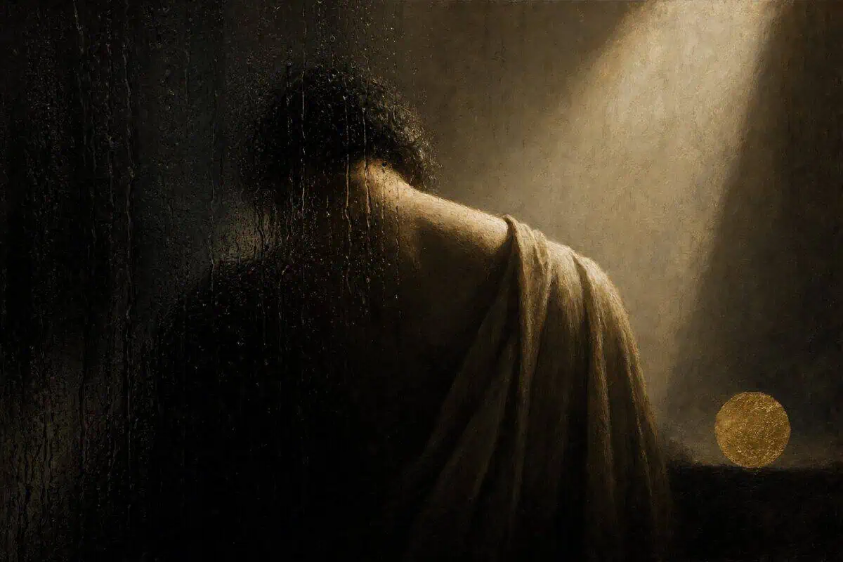 Shame: a figure turns a bowed head into shadow beneath a shaft of light.