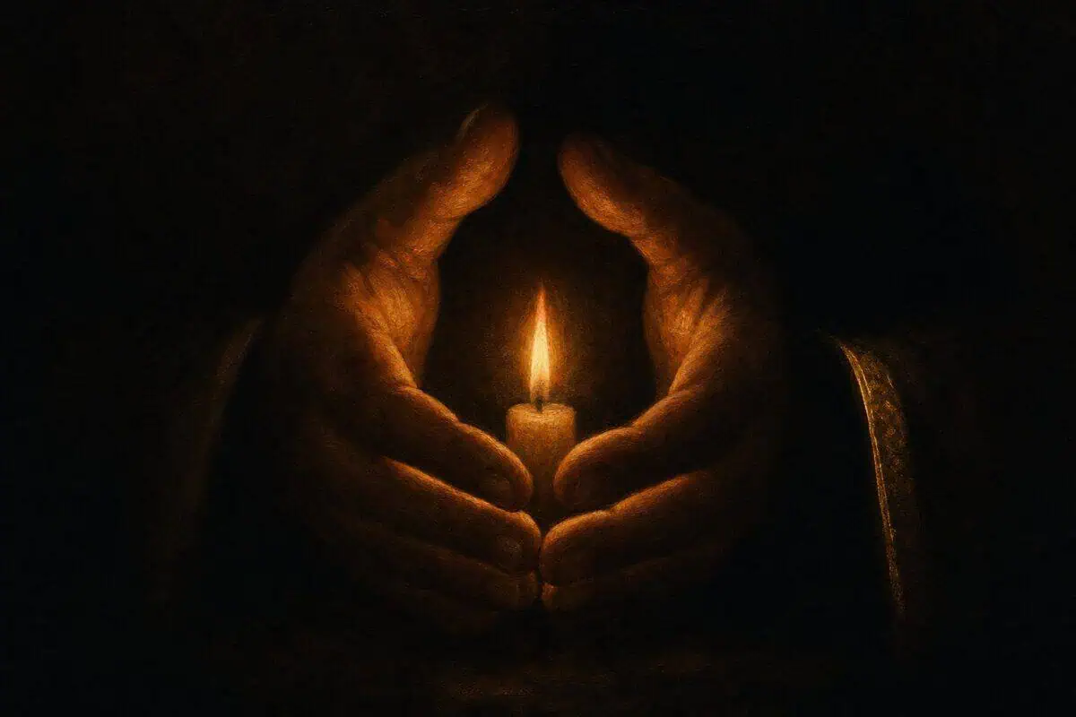 Tenderness: two hands gently shelter a small candle flame in the darkness.