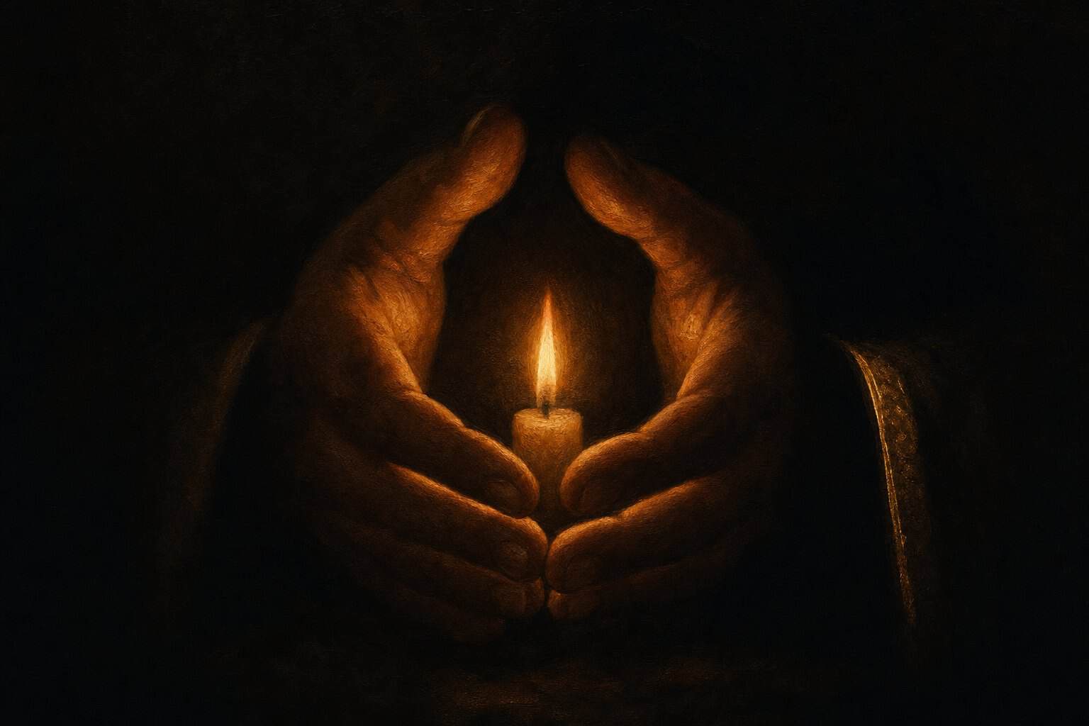 Painterly image of two hands sheltering a small candle flame in the dark — the theme of Tenderness
