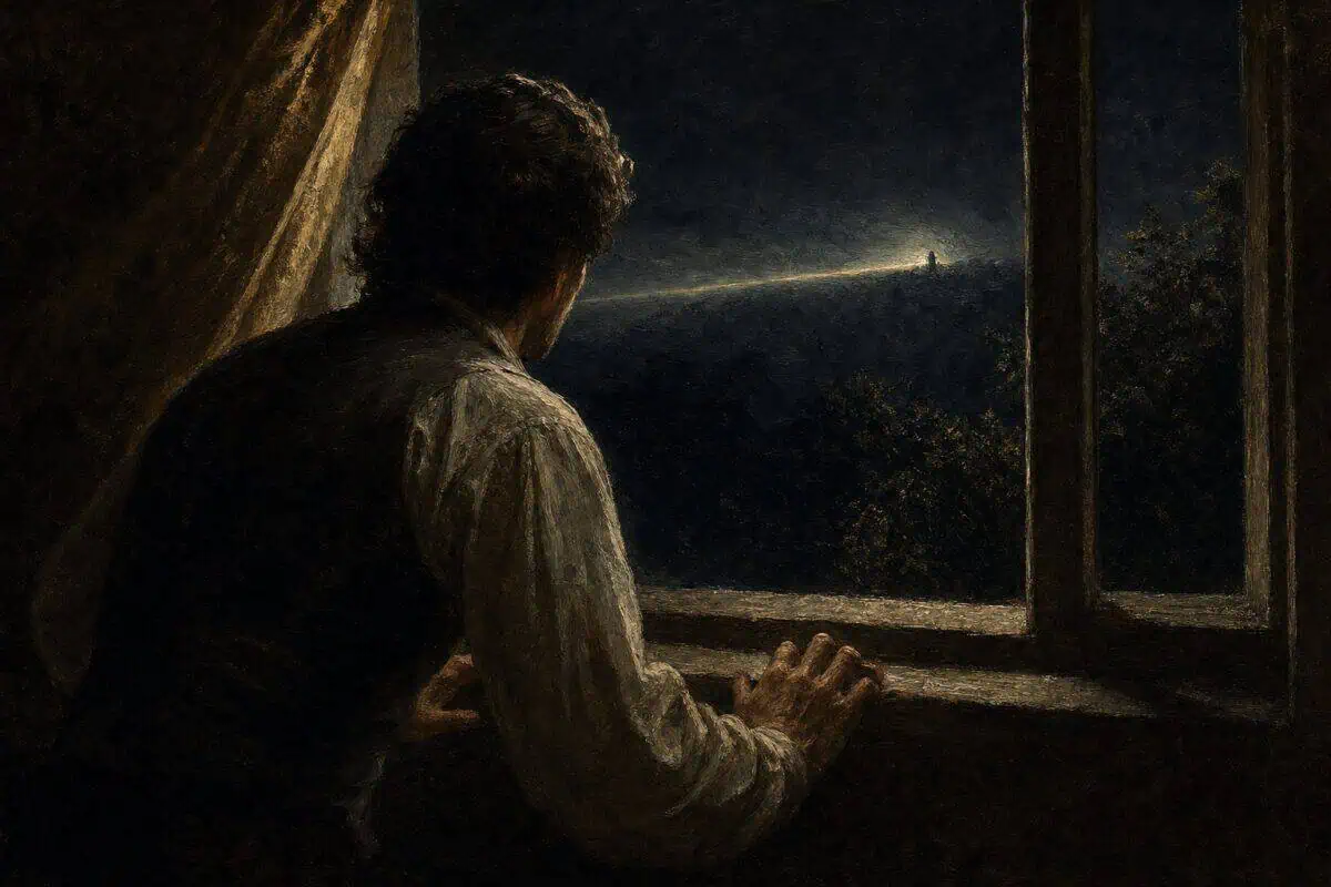 Vigilance: a man watches the dark landscape through an open window.