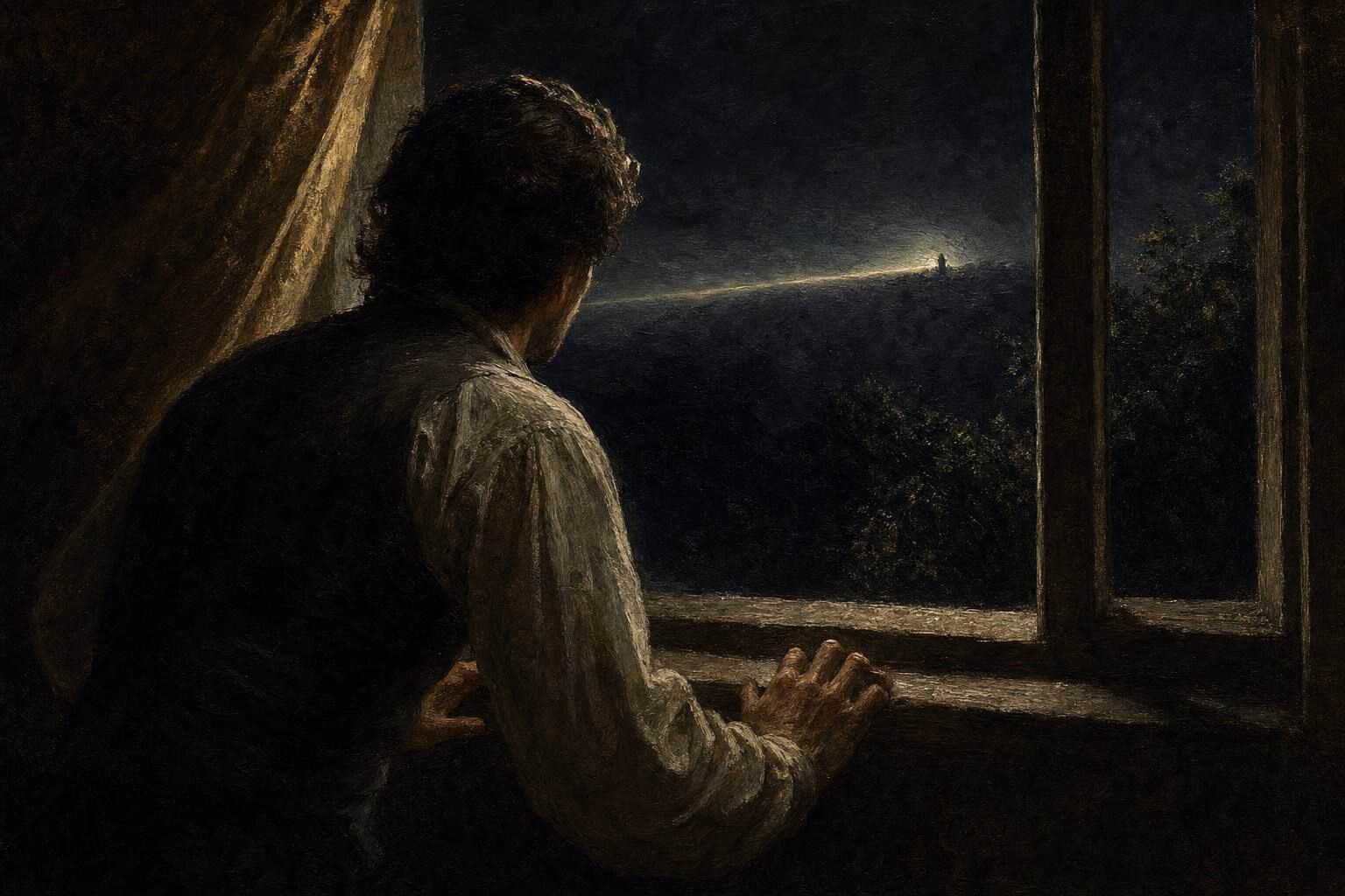 Painterly oil painting: a coiled figure leans at a dark open night window watching the black landscape, hands tense on the sill, one thread of cold light along the sightline — the attunement of Vigilance on Anthony Adoré