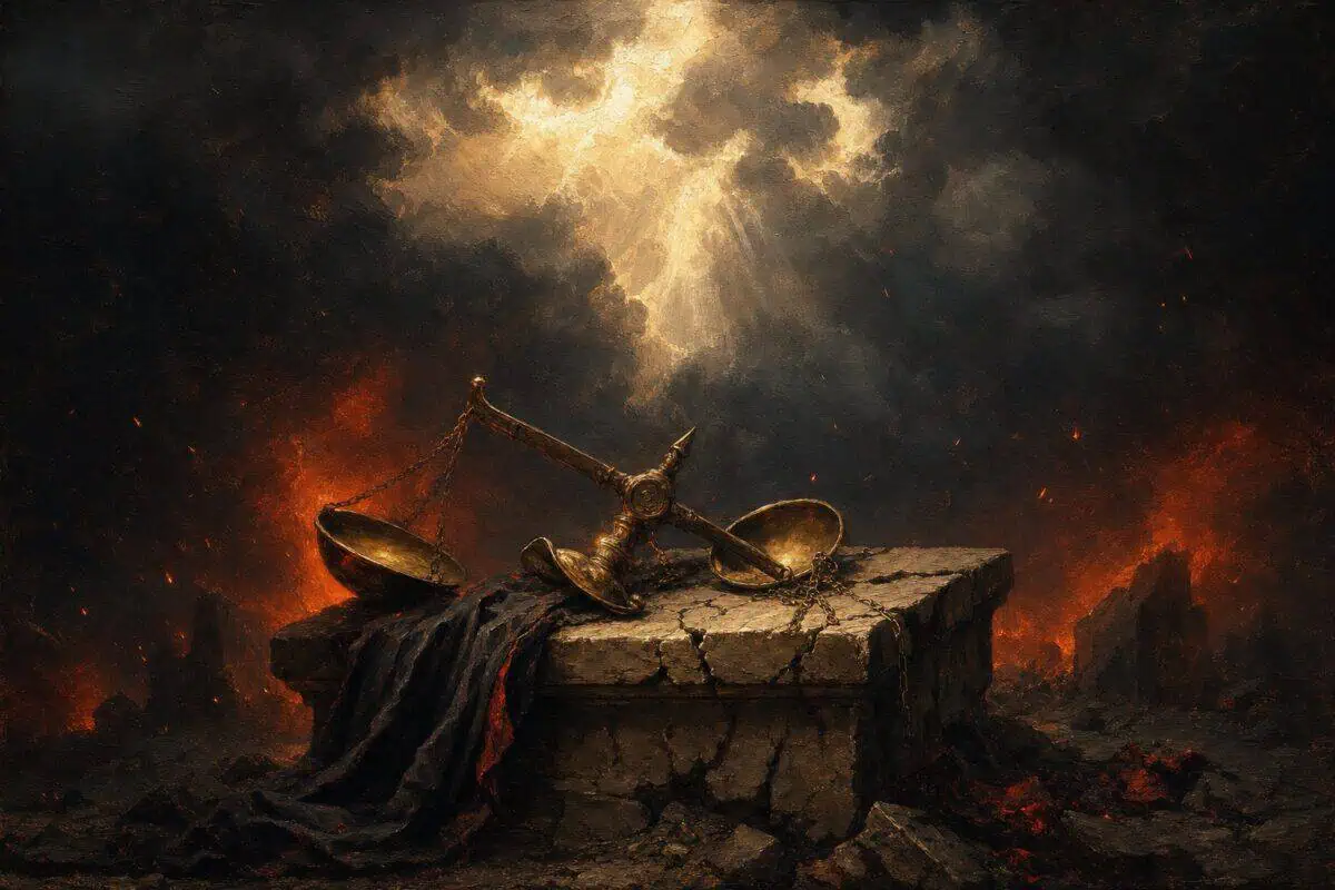 Wrath: broken scales rest on a cracked stone altar amid fire and storm clouds.