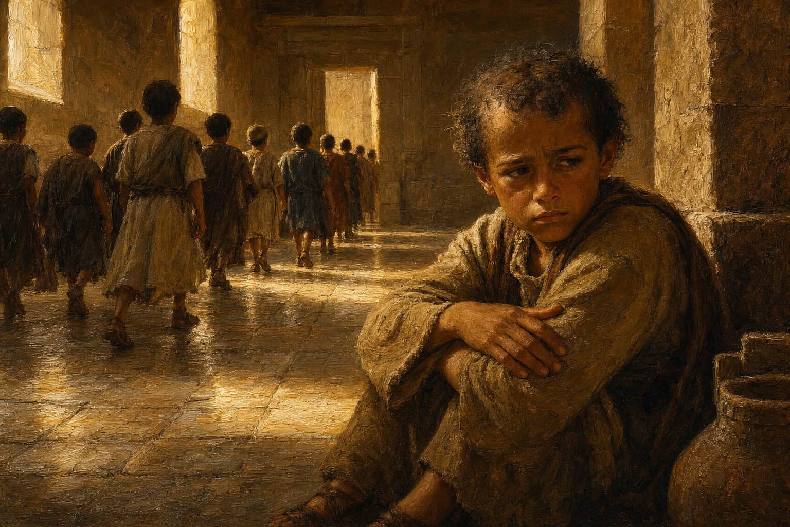 A small boy alone on a wide stone hall floor, morning light slanting through high windows