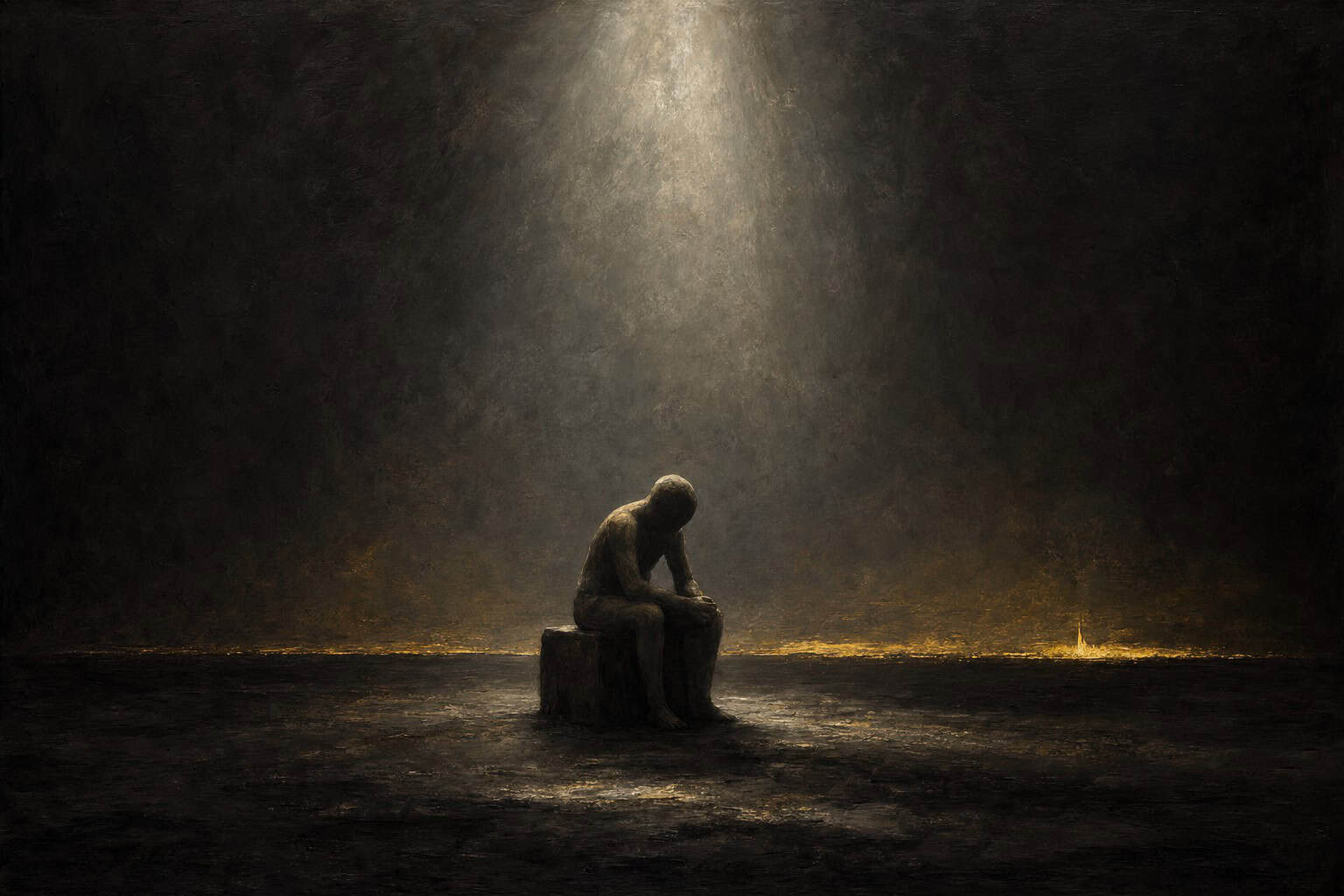 A solitary figure sits curled up in a spotlight, surrounded by darkness, with two thin golden lines above.