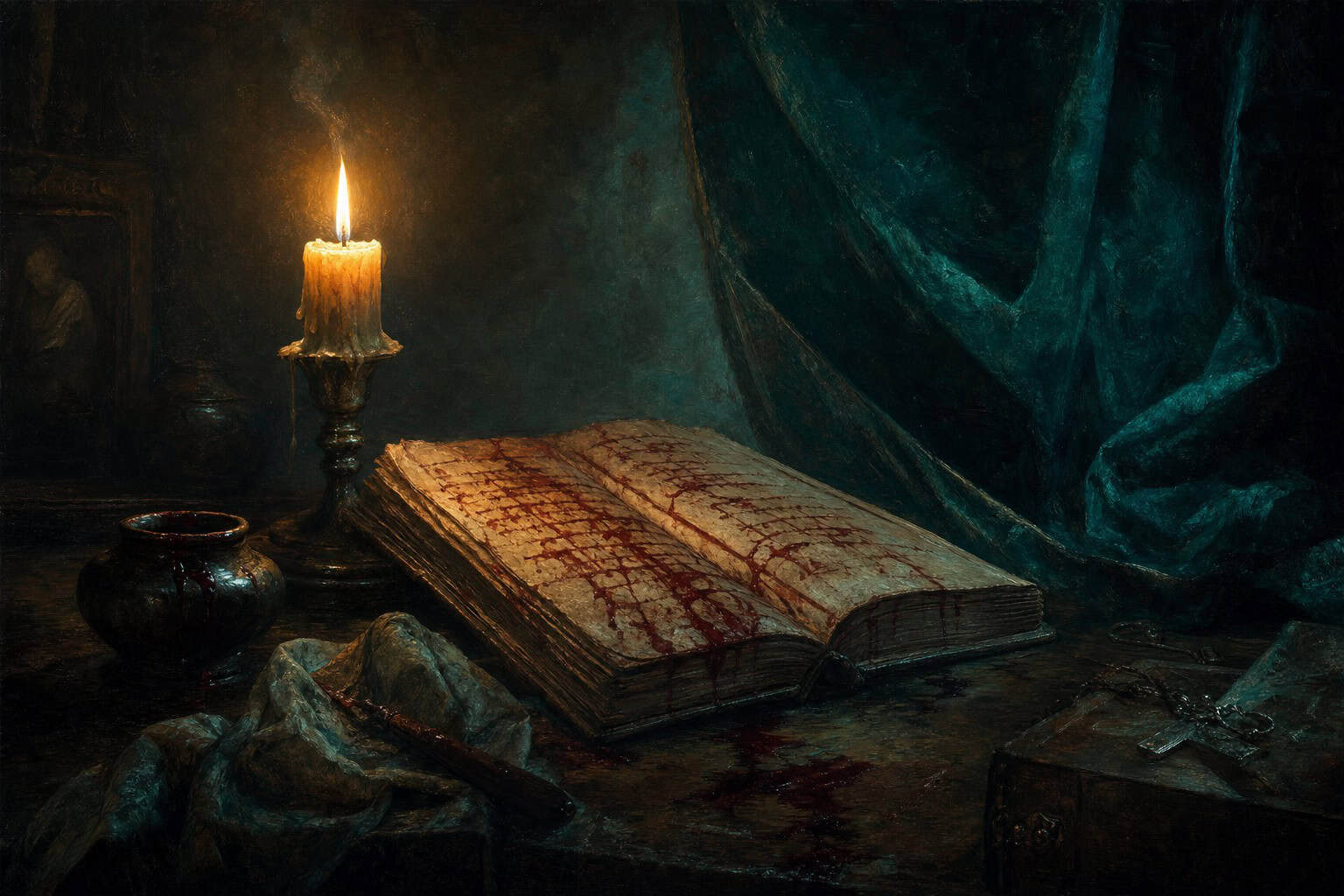 An elderly man with a beard sits at a table, deep in thought, with a scroll before him and a flickering oil lamp nearby.