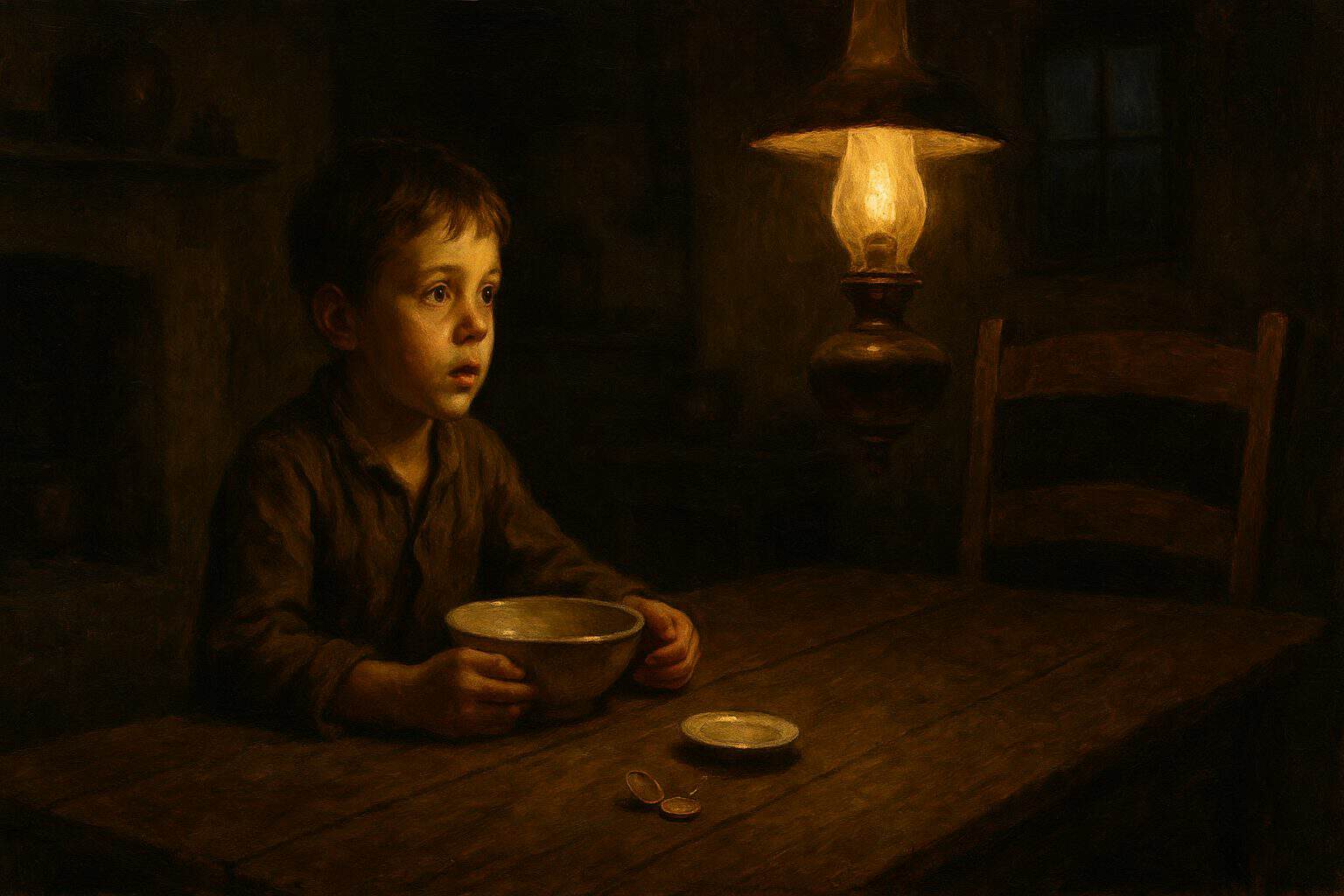 A lonely boy at a supper table gazing at the empty chair opposite him in lamplight