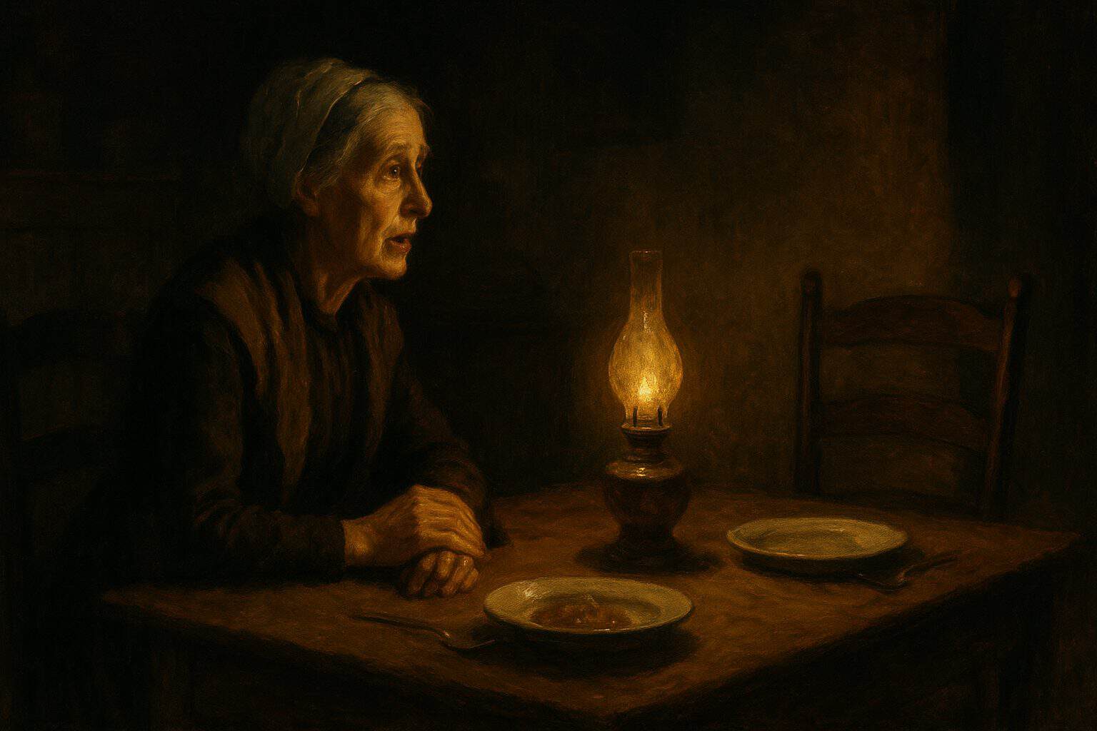 Elderly widow speaking toward an empty chair at a lamplit supper table, aching grief